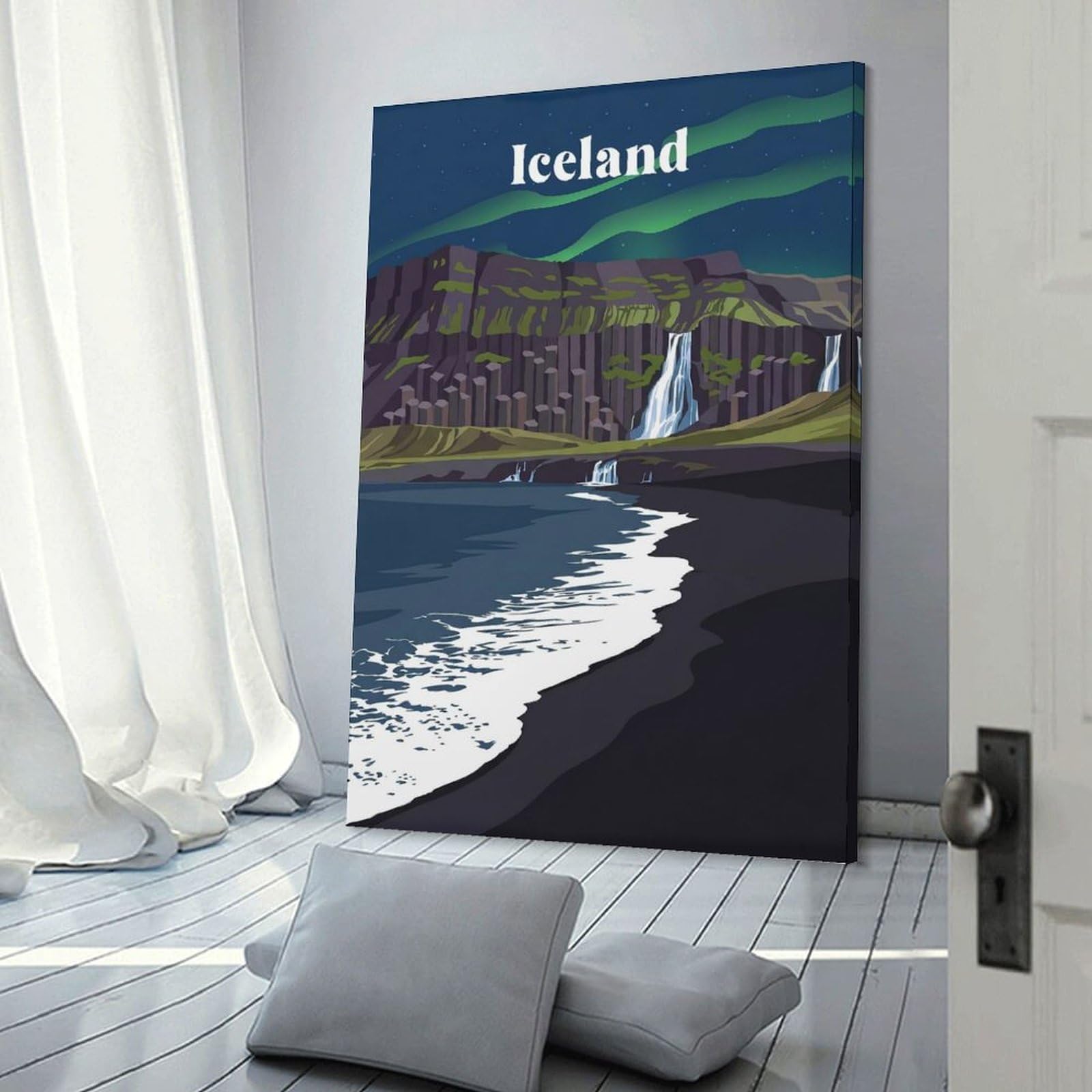 Junmoney Frame-Style-6-1 Icelandic Landscape With Northern Lights Canvas Wall Art 16X24inch(40X60cm), For Workspace Walls, Study Corners Or Bedrooms, Wall Art That Adds Style To Work Areas