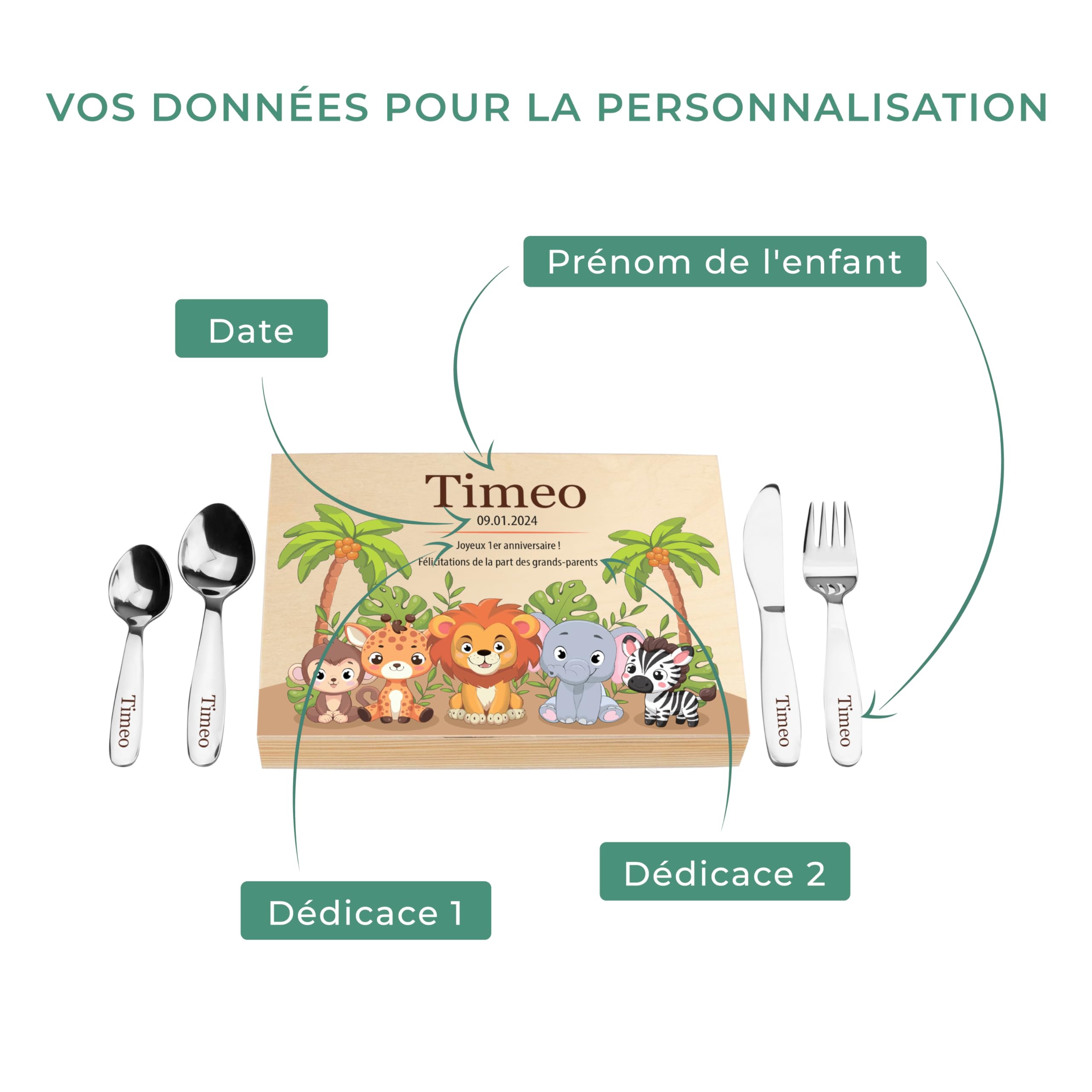 LAUBLUST Couverts pour Enfants gravés - Coutellerie dans boîte en Bois imprimé, Naturelle - Couverts avec prénom | Cadeau de baptême pour Enfants | Couverts de Table en INOX (Safari)