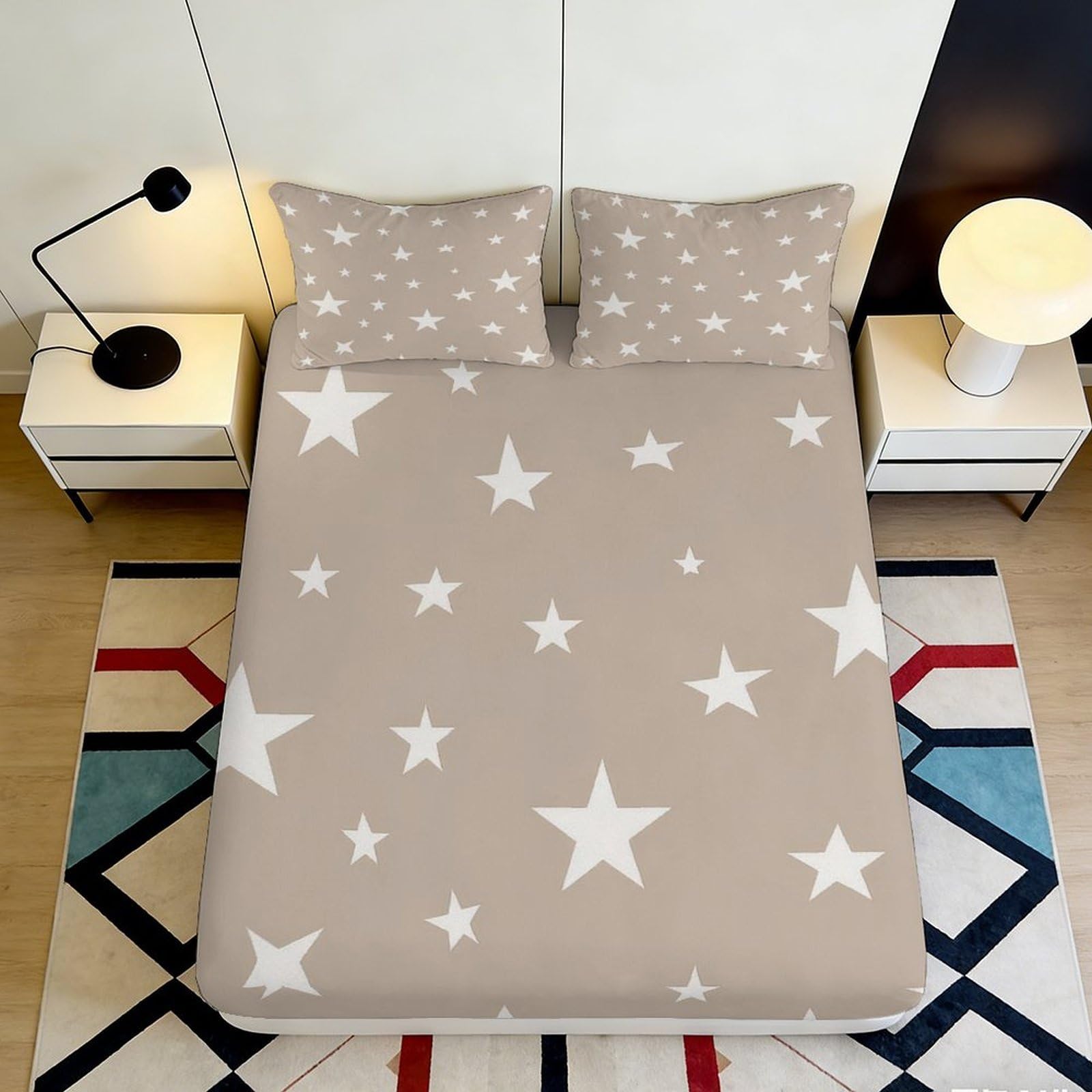 3D Printed Beige Star Pattern Fitted Sheet Microfiber Soft Bedroom Mattress Cover, Modern Starry Decor, Dustproof, Machine Washable 140x200x25cm