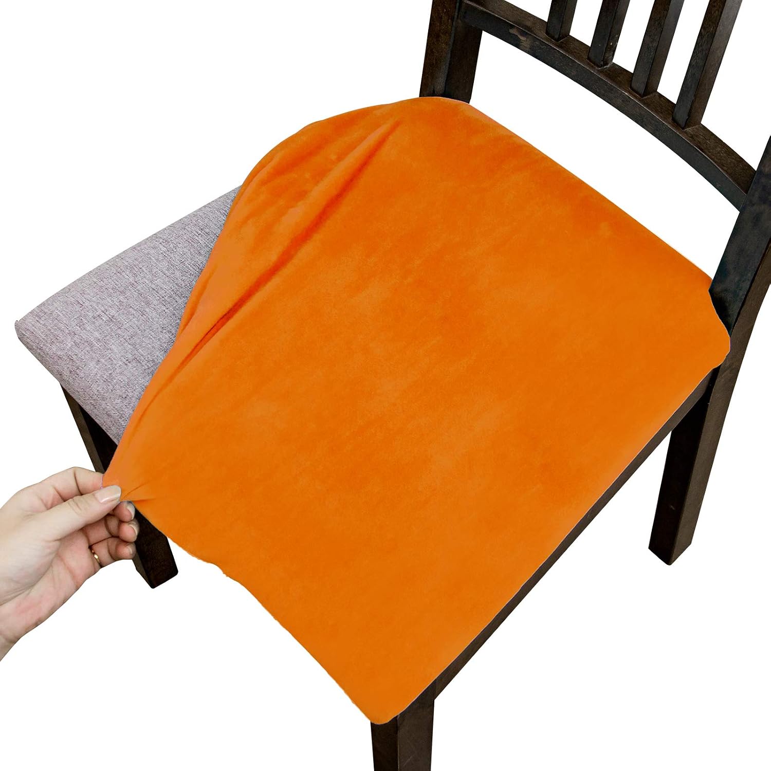 Argstar 6 Pack Velvet Seat Covers for Dining Room Chairs, Plush Dining Chair Seat Cover, Stretch Kitchen Chair Cover, Chair Covers for Dining Room Set of 6 (Orange)