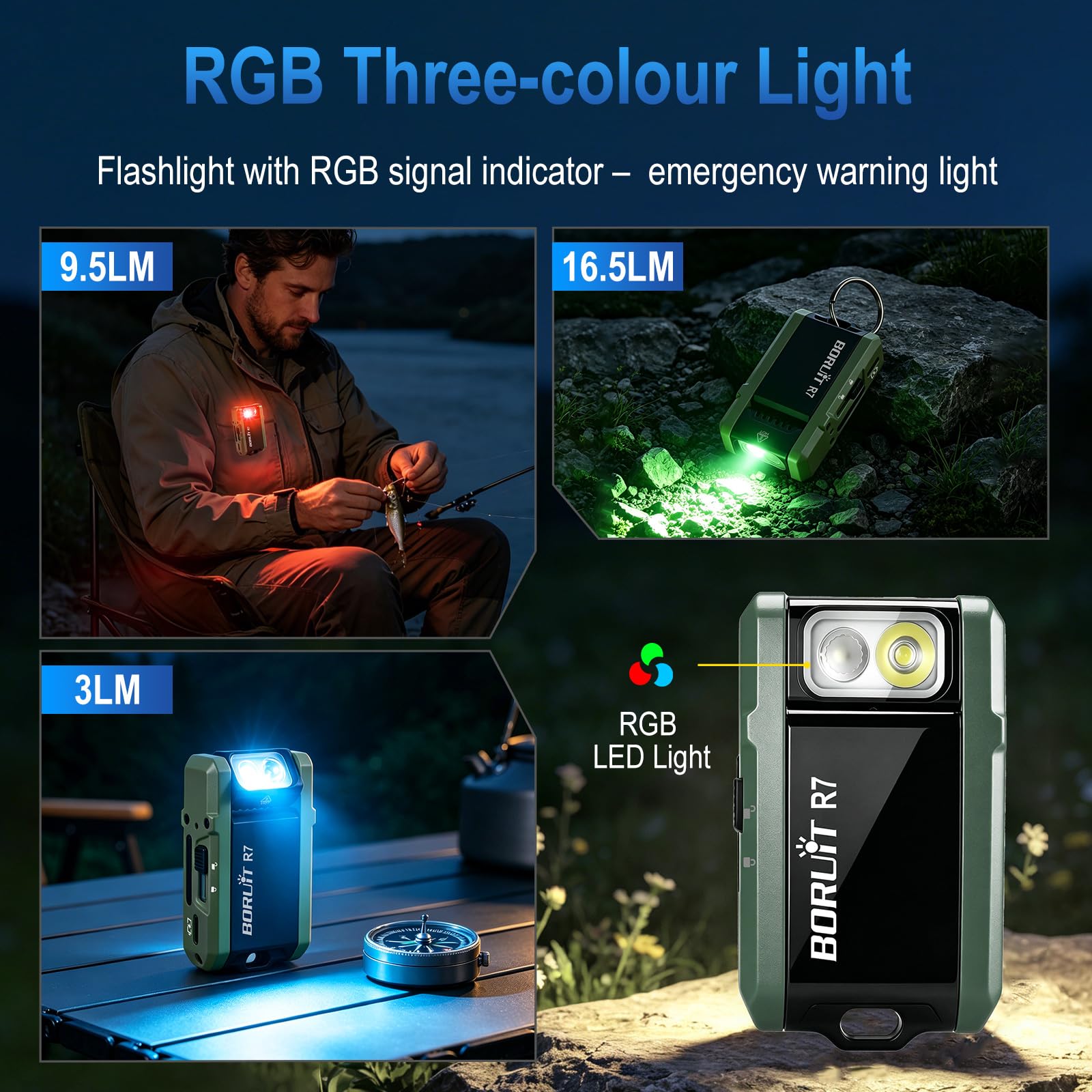 BORUIT Torcia mini R7 con lampada RGB, 800 lumen Torce EDC ricaricabili