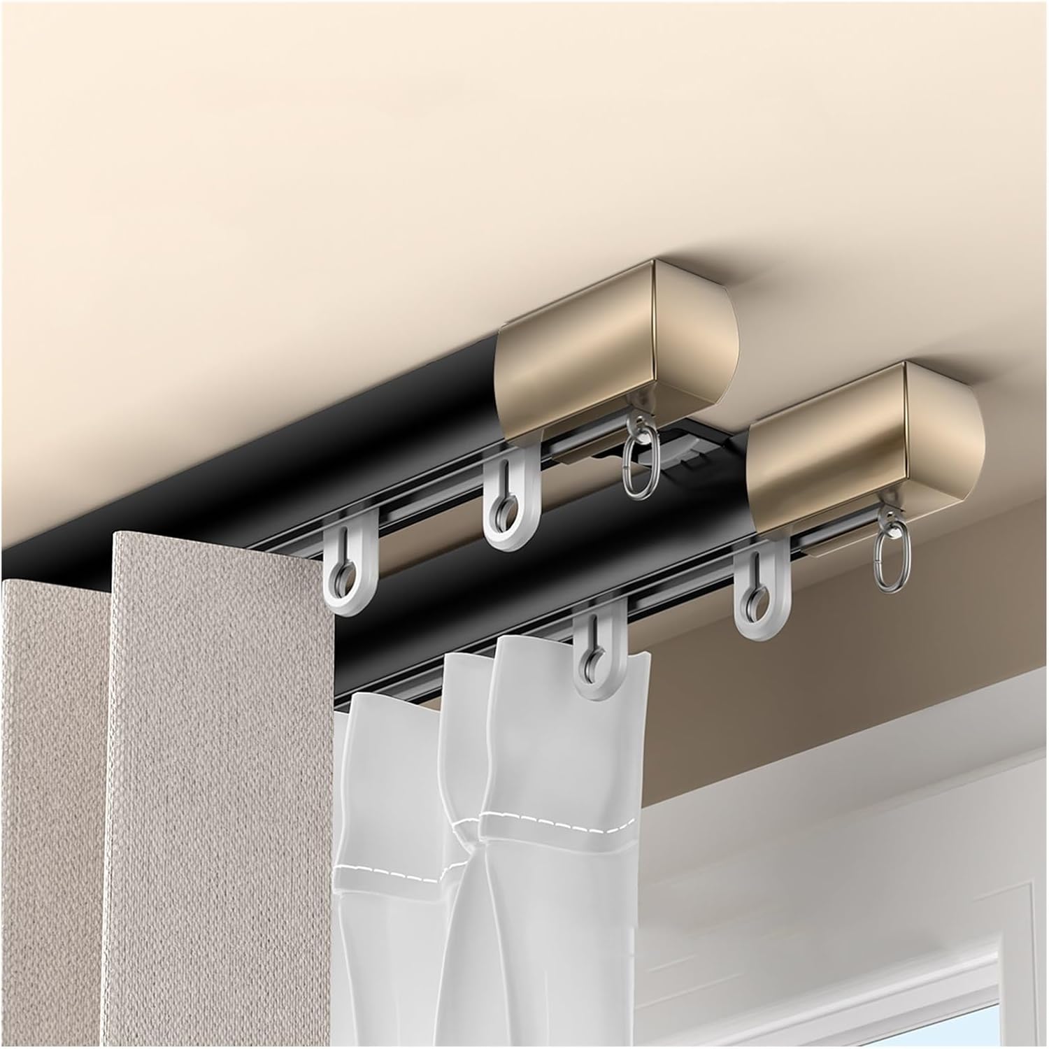 Heavy Duty Double Curtain Track with Silent Rollers, Aluminum Window Rods for Room Dividers, RV Curtains, Living Room Divider (Black, Ceiling-Mounted, 105cm/3.4ft)