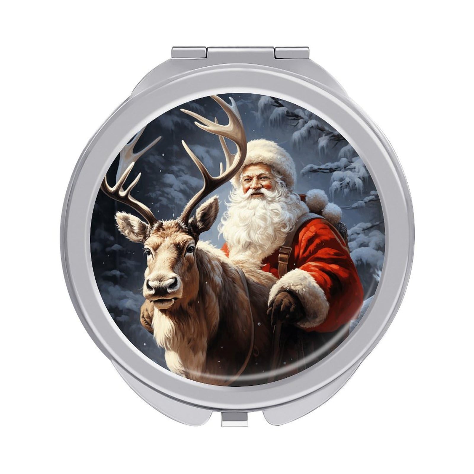 VstaDank Santa Claus and Deer Elk Travel Makeup Mirror Cute Compact Mirror for Women 1X/2X Magnifying Metal Pocket Makeup Mirrors Folding Round Makeup Mirrors for Handbag Wallet & Gift