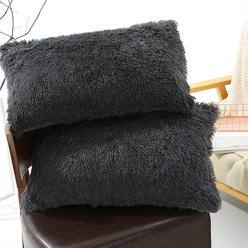 Tenghe Juego de 2 fundas de almohada de felpa sólida estándarQueen, súper suaves y esponjosas de piel sintética lanuda fundas de almohada