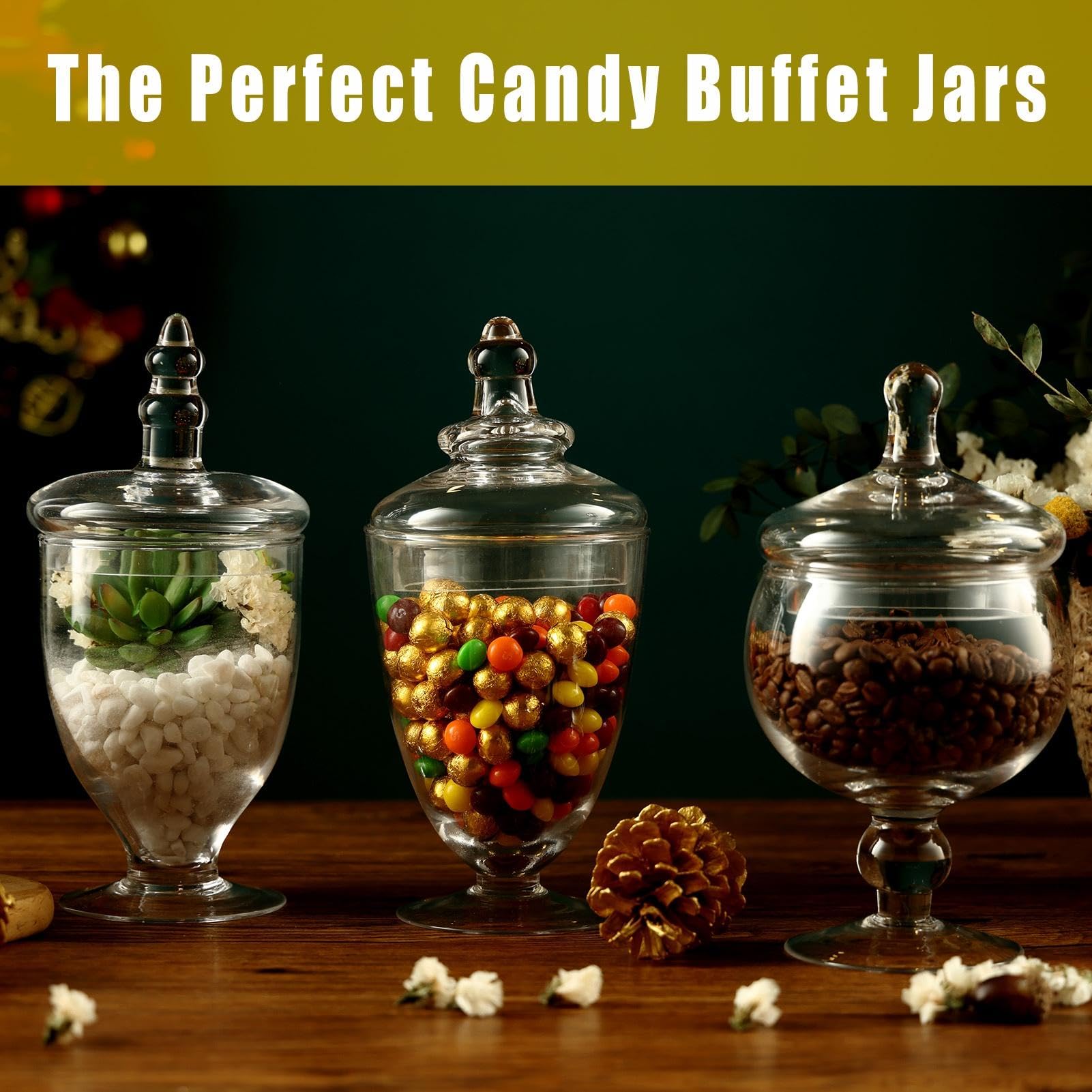 REFSAVER Apothecary Jars Glass Decorative Candy Jars, Buffet Display, Elegant Storage Jar, Decorative Wedding Candy Organizer Canisters 3 Pack