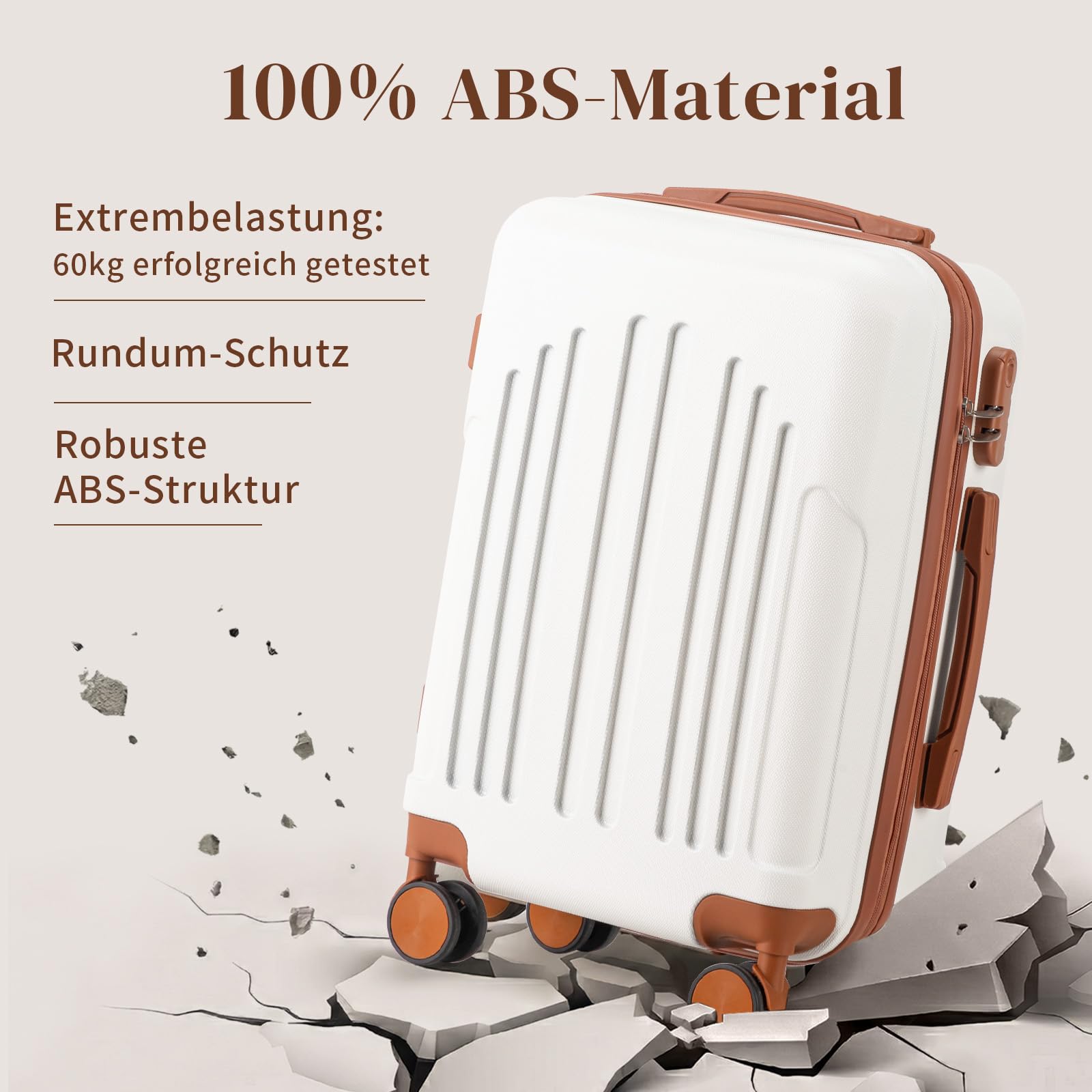 LALAHO Kofferset 5 teilig mit Kosmetikkoffer, Hartschalen Koffer Set aus ABS, Reisekoffer Set, Gepäckset mit Schminkkoffer, Handgepäck, Beige-Braun
