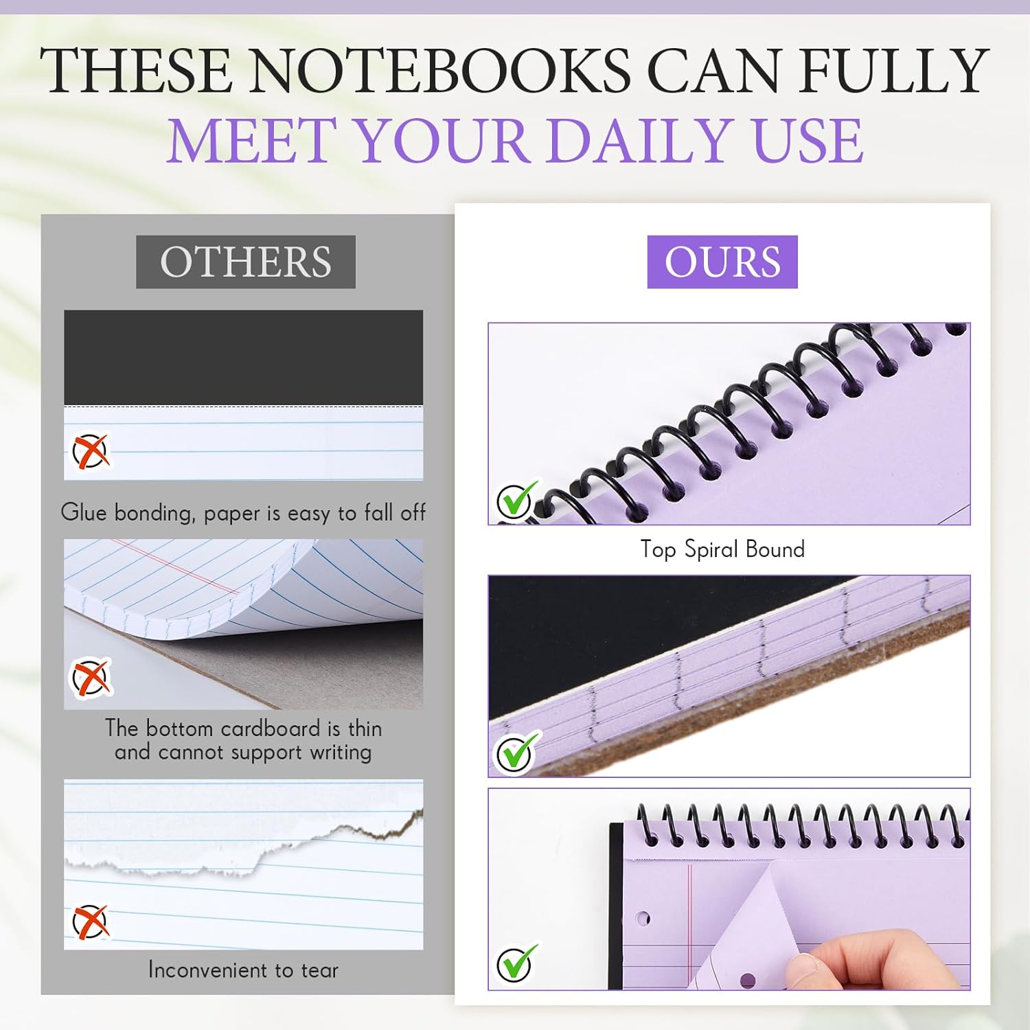 MotiMind 3 Pack 8.5" x 11" Top Spiral Notebook with 3 Hole Punched Purple Legal Pads College Ruled Notepad 50 Sheets Hard Cardboard Paper Wirebound Notepad for Office School Business