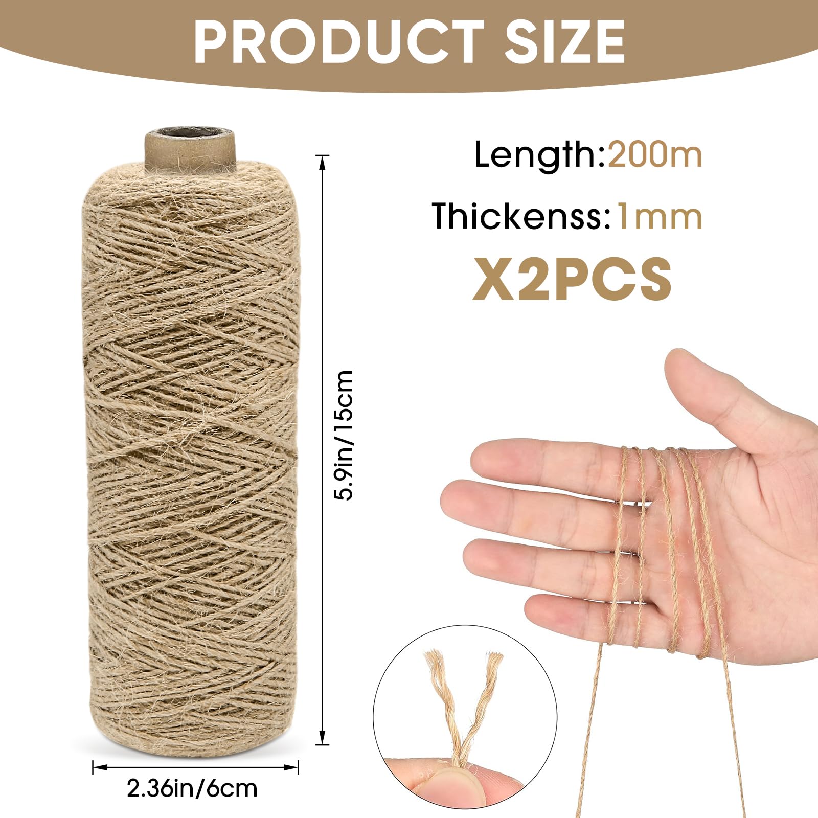 2 Piezas 200 m Yute Natural Marrón, 1mm Cuerda de Yuta, Jute Yarn para Embalaje, Bricolaje, Floristería, Decoración, Manualidades