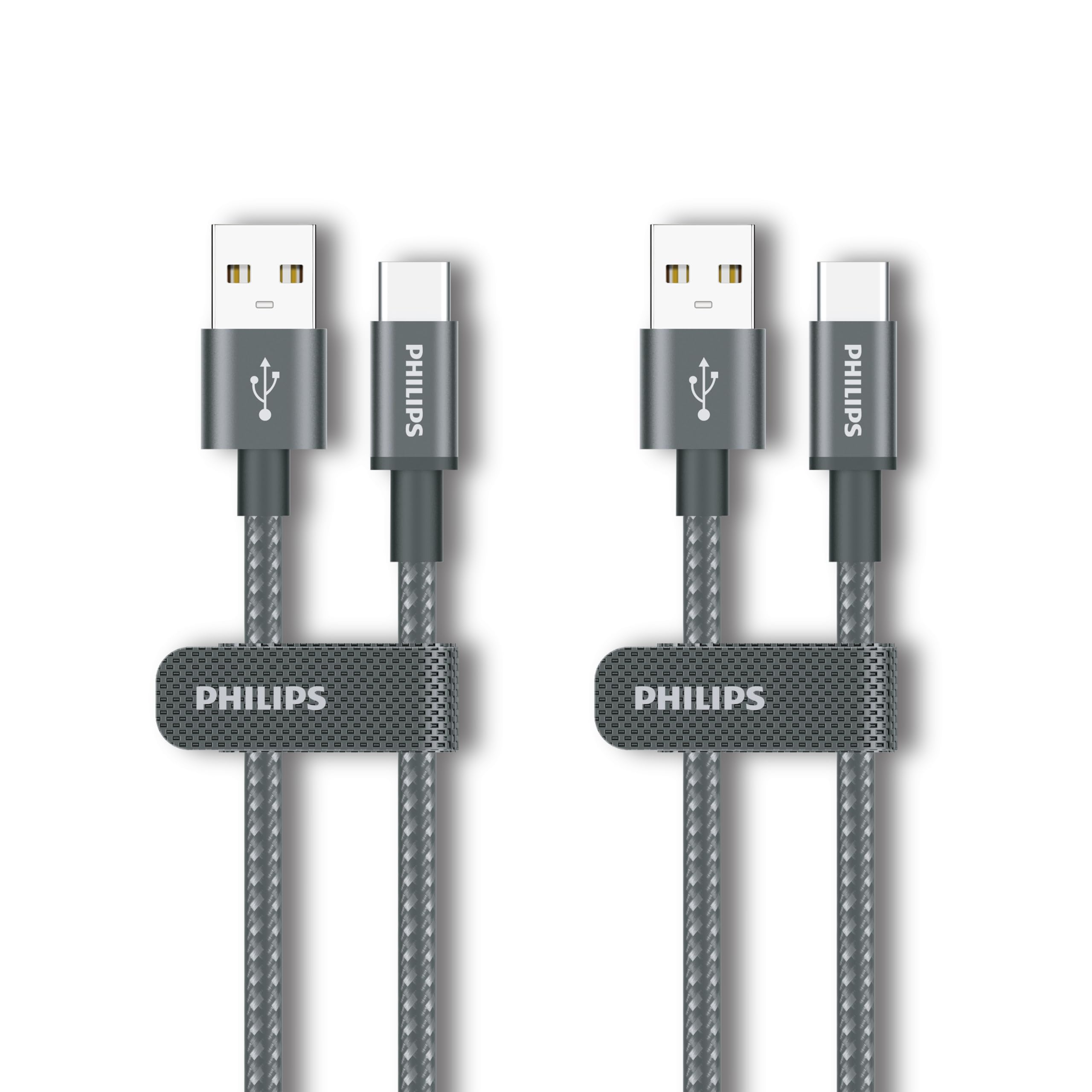 Philips DLC5030AA USB-C-Kabel, 2er-Pack, 1 m, 18 W Schnellladezeit, verbissfestes, geflochtenes Kabel, 480 Mbit/s Datenübertragung, Typ-C-Ladegerät für Android, CarPlay, Android Auto