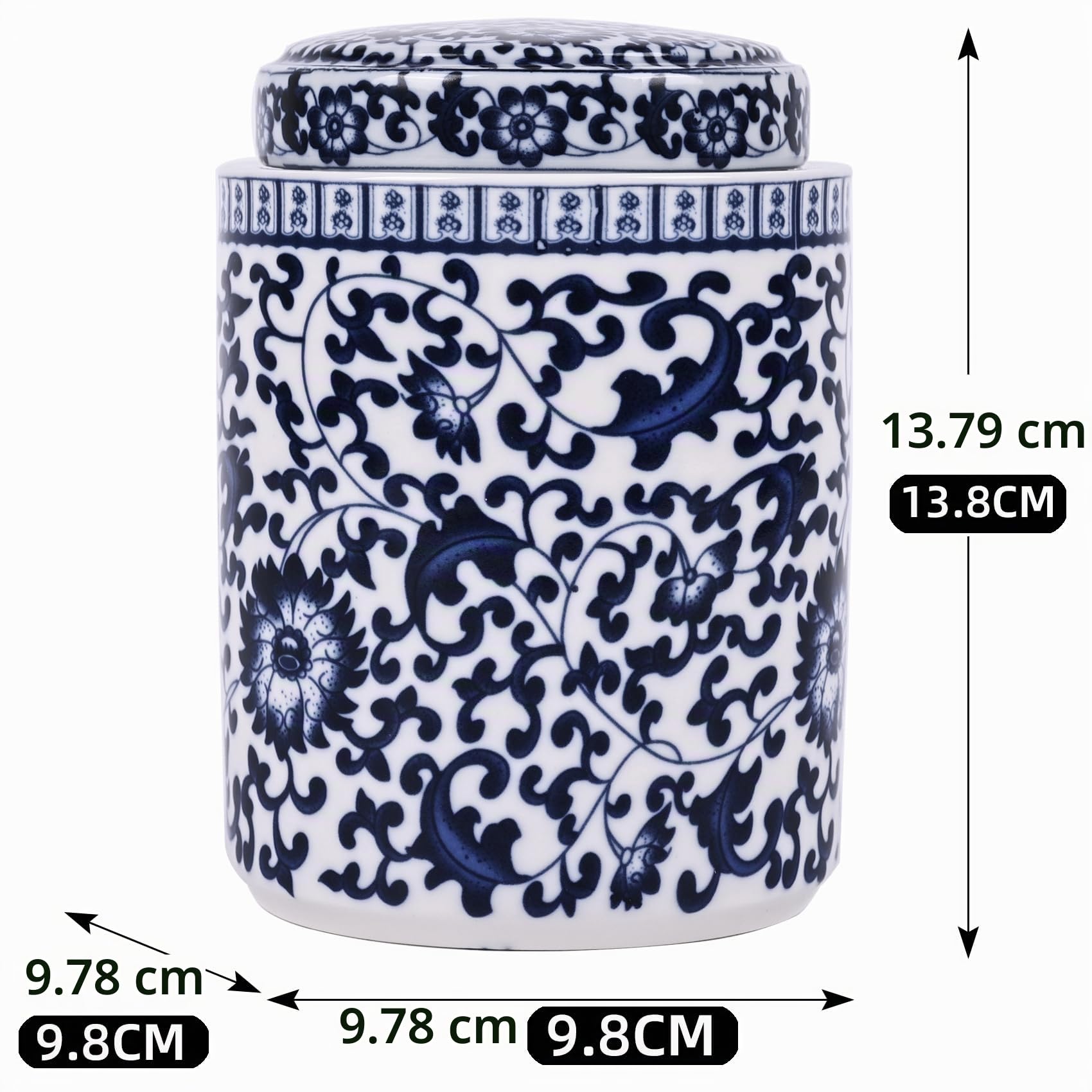 Jarrón de cerámica con tapa de porcelana azul y blanca chino, estilo Ming de China, diseño tradicional