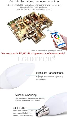 Miniatura 7 de LGIDTECH FUT108 4W E14 LED 2.4GHz Bombilla de vela AC100-240V RGB+CCT Color y temperatura cambiable, función de memoria. Control de aplicación para