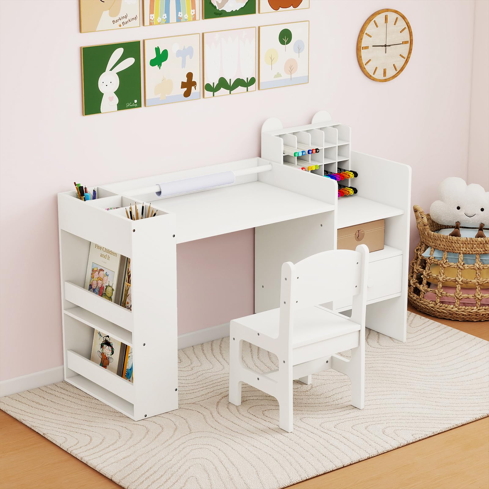 COSTWAY Set Tavolo e Sedia per Bambini 3+ con Porta Rotolo Carta Rimovibile