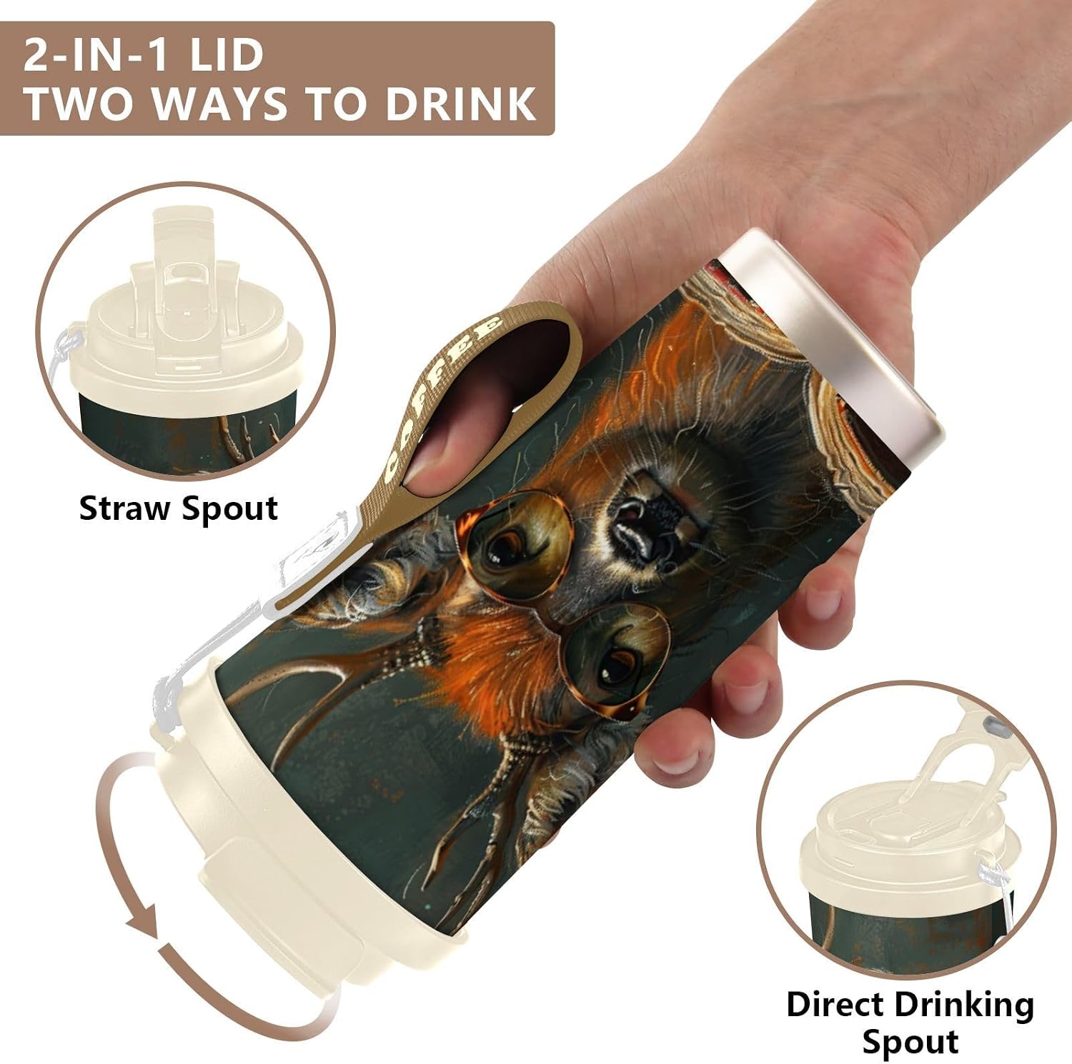 Deer Book Vintage Insulated Coffee Mug with Straw & Flip Lid, 16.9oz Iced Tumbler Cup, Double Wall Vacuum Mug for Travel Office