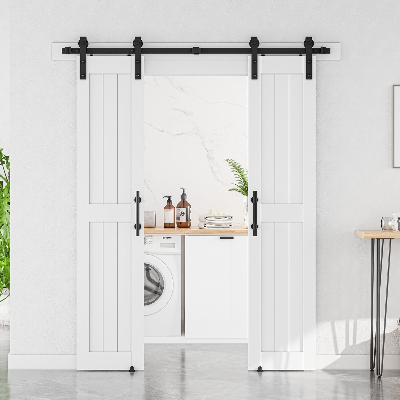 SmartStandard 36 x 84 in (Double 18×84 Door) White Barn Door with 6.6FT Sliding Hardware Kit & Handle, Pre-Drilled Ready to Assemble, Waterproof PVC Coating, H-Frame