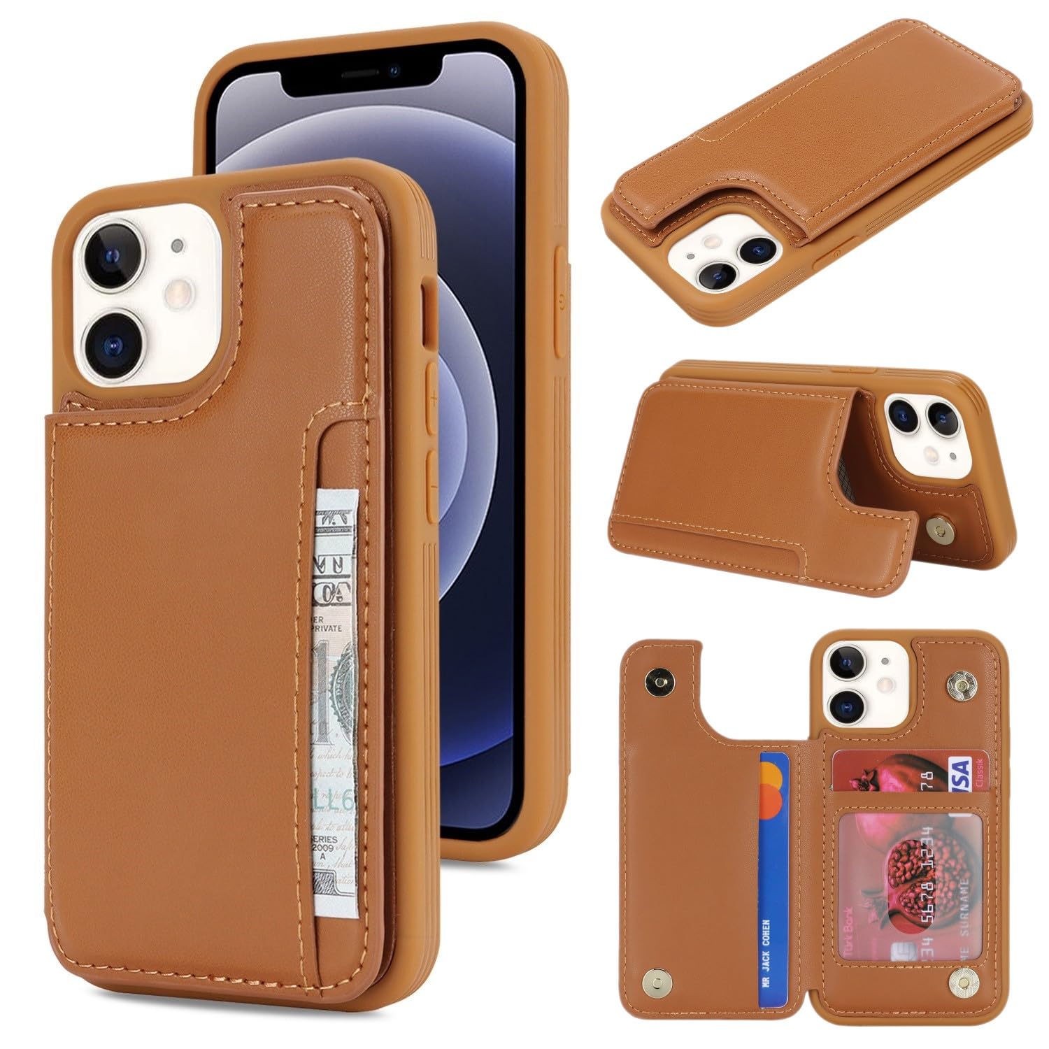 icovercase compatible with iphone 12 mini case with card holder, wallet phone case for women men rfid blocking pu leather protective case 5.4 inch (light brown)