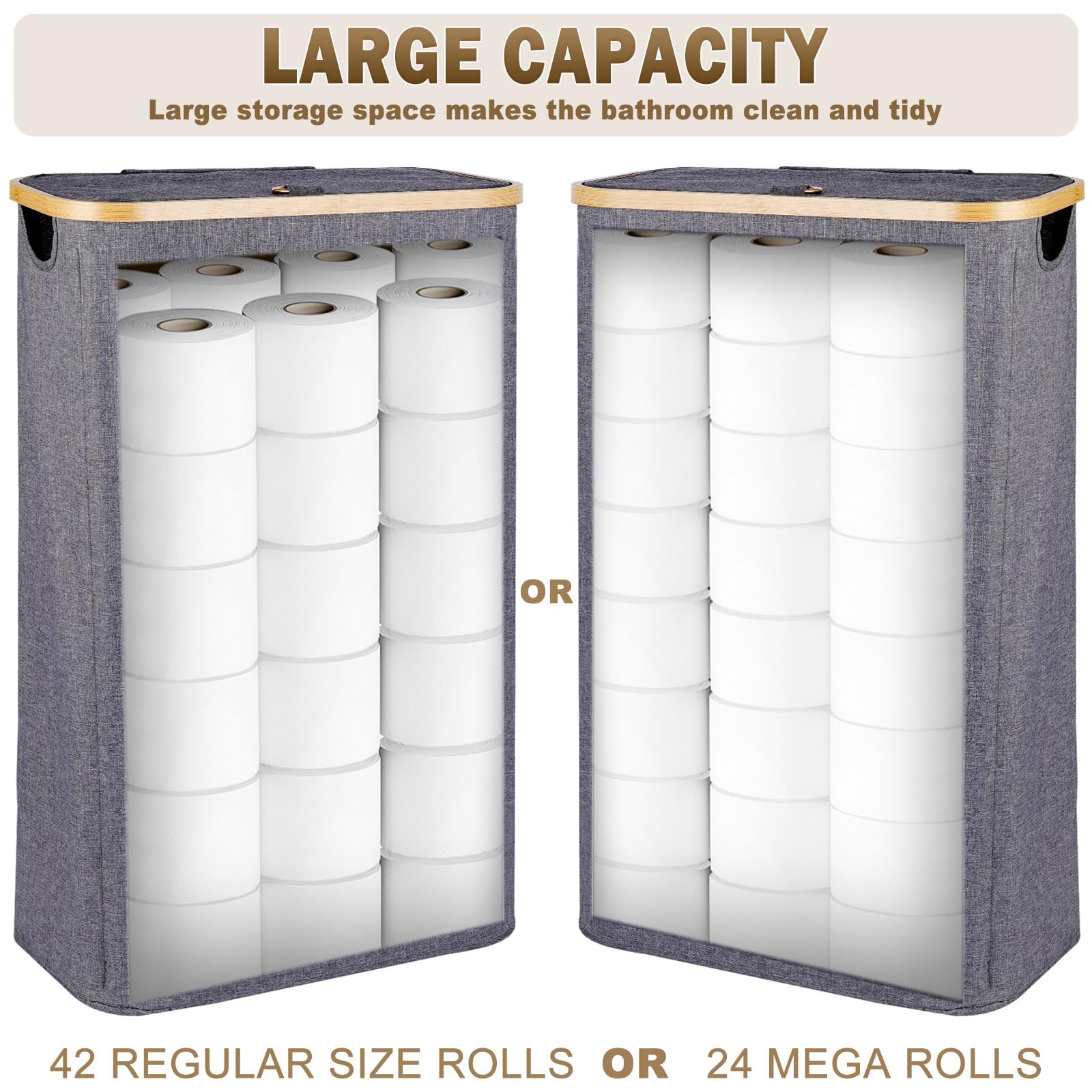 60L Extra Large Toilet Paper with Lid, Holds 42 Regular Rolls or 24 Mega Rolls, 16 Gal Tall Laundry Baskets with Bamboo Pull Handles, Organizer Bin for Hotels, Restrooms, Offices, Homes, Gray