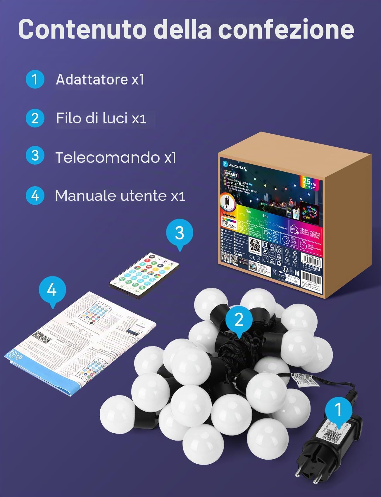 Aigostar Catena Luminosa RGBIC Esterno, 5M, 25 LED Lampadina Colorata, Controllo Segmento Fai da te a Colori, Sincronizzazione Musicale, 39 Modalità Dinamiche, IP44 Impermeabile per Interni, Giardino