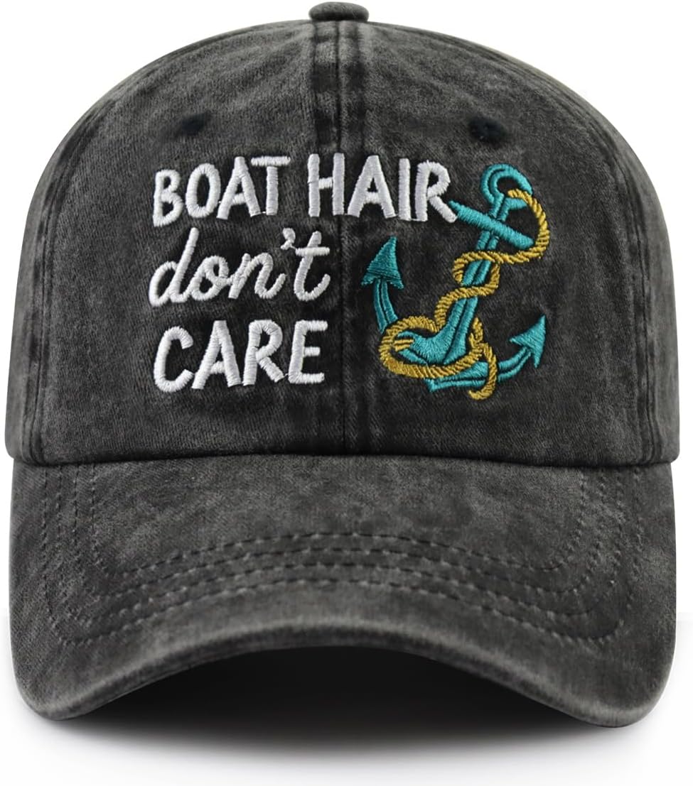Boat Hair Don't Care Hat for Men Women, Funny Adjustable Cotton Embroidered Boating Sailing Baseball Cap