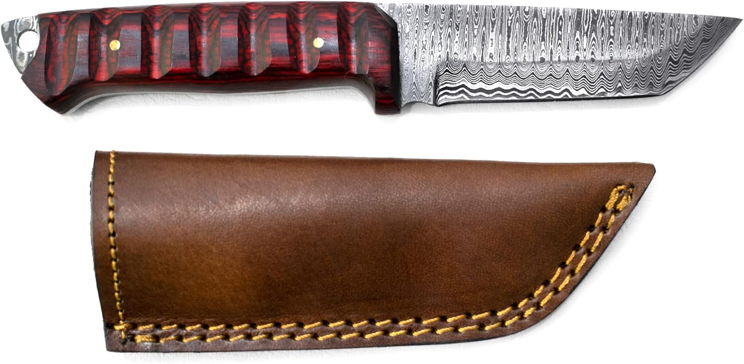 Titan International Knives Diver High & Low Carbon Damascus Steel Hunting Gear Survival Tanto Point EDC Tactical Blade Cherry Wood Handle with Leather Sheath Perfect for Camping Fishing (TD-275)