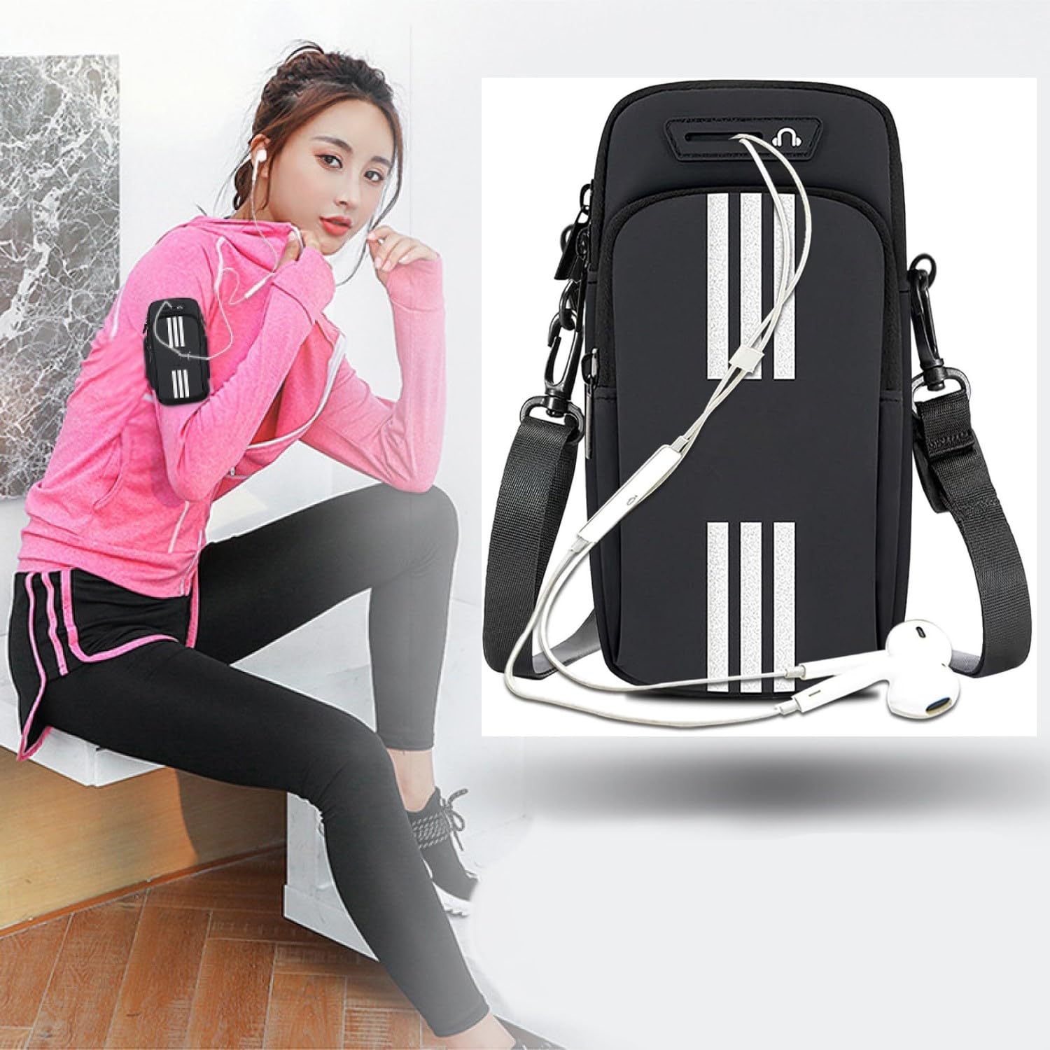 Armband Armtasche, Sport Laufen Doppel Reißverschluss Sportarmband, Leichtes Armband-Bügel-Halter-Beutel, Bequeme Handy-Armband-Hülle, Sport-Handy-Armband-Halter-Bügel, Radfahren Armtasche (Schwarz)