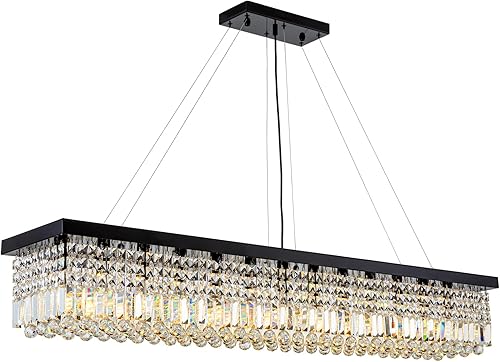 Miniatura 93 de 7PM Candelabro rectangular de cristal K9 moderno colgante rectangular para comedor, cocina, isla dormitorio, color negro, 47 pulgadas de largo x 10