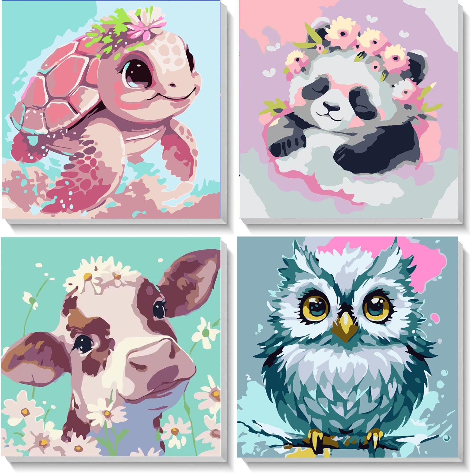 4 Pack Animal Paint by Numbers for Children with Wooden Frame-Turtle Owl Cow Panda Paint by Numbers Kids Ages 4-8-12,DIY Painting by Numbers for Kids Acrylic Oil Canvas for Home Wall Decor(8X8inch)