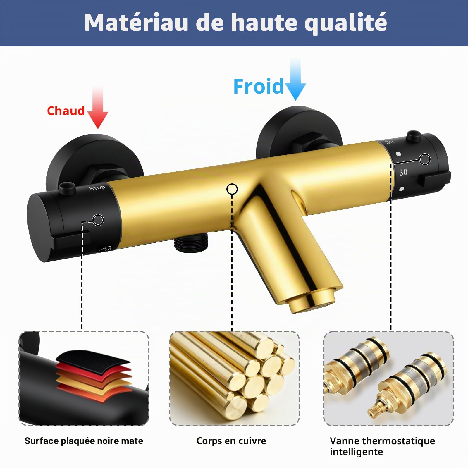 Mitigeur douche thermostatique rond noir