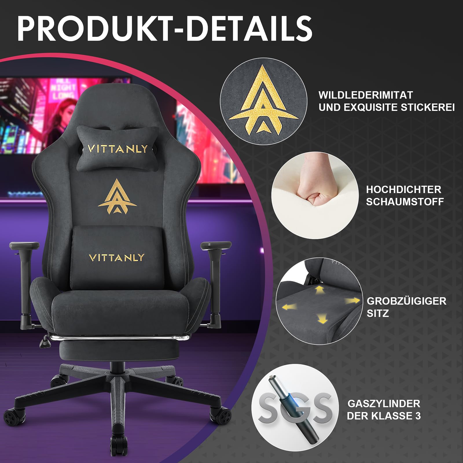 Vittanly Gaming Stuhl, Luxuriöser Wildlederimitat Gaming Chair Bürostuhl, Ergonomischer Schreibtischstuhl mit Fußstütze Kopfstütze und Lendenkissen, 3D Armlehnen, 90-155° Rückenlehne, Grau
