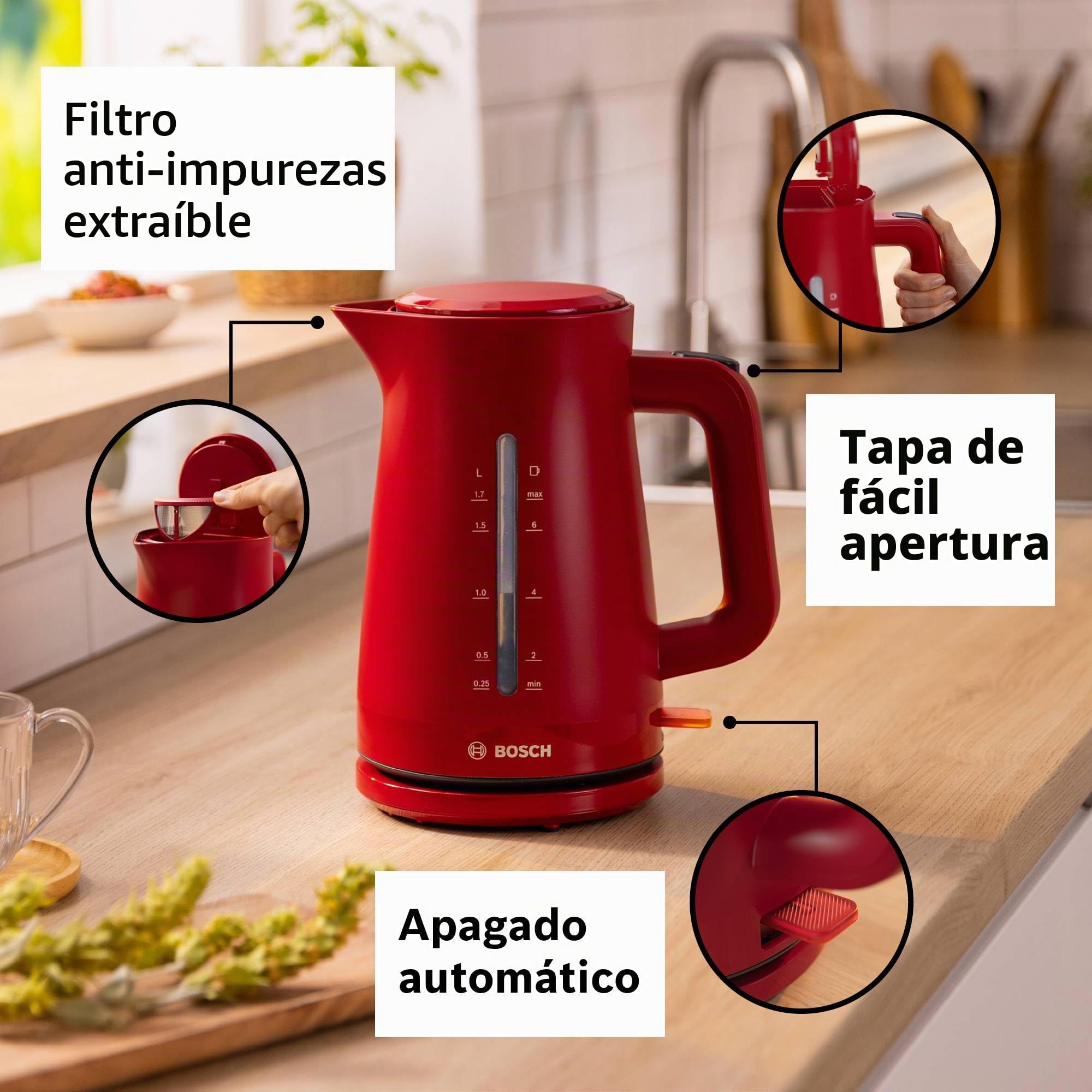 Bosch - hervidor eléctrico, MyMoment, manejo ergonómico, triple sistema de seguridad, filtro antical, capacidad de 1,7 l, rojo intenso, TWK3M124 | Hervidor, calentamiento rápido, filtro extraíble, indicador de nivel de agua, apagado automático, fácil de l