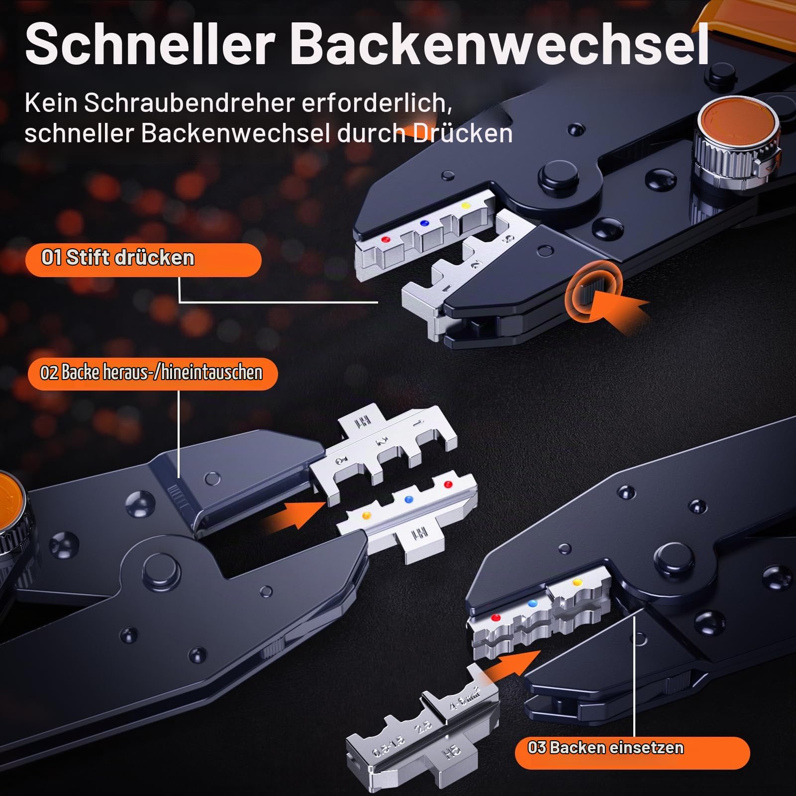 Crimpzange Wechselbacken Set, Preciva 6-teiliges Schnellwechselbacken Crimpwerkzeug Set mit Aufbewahrungsbox für Aderendhülsen, Kabelschuhe, Schrumpfverbinder, Flachstecker, Solarstecker