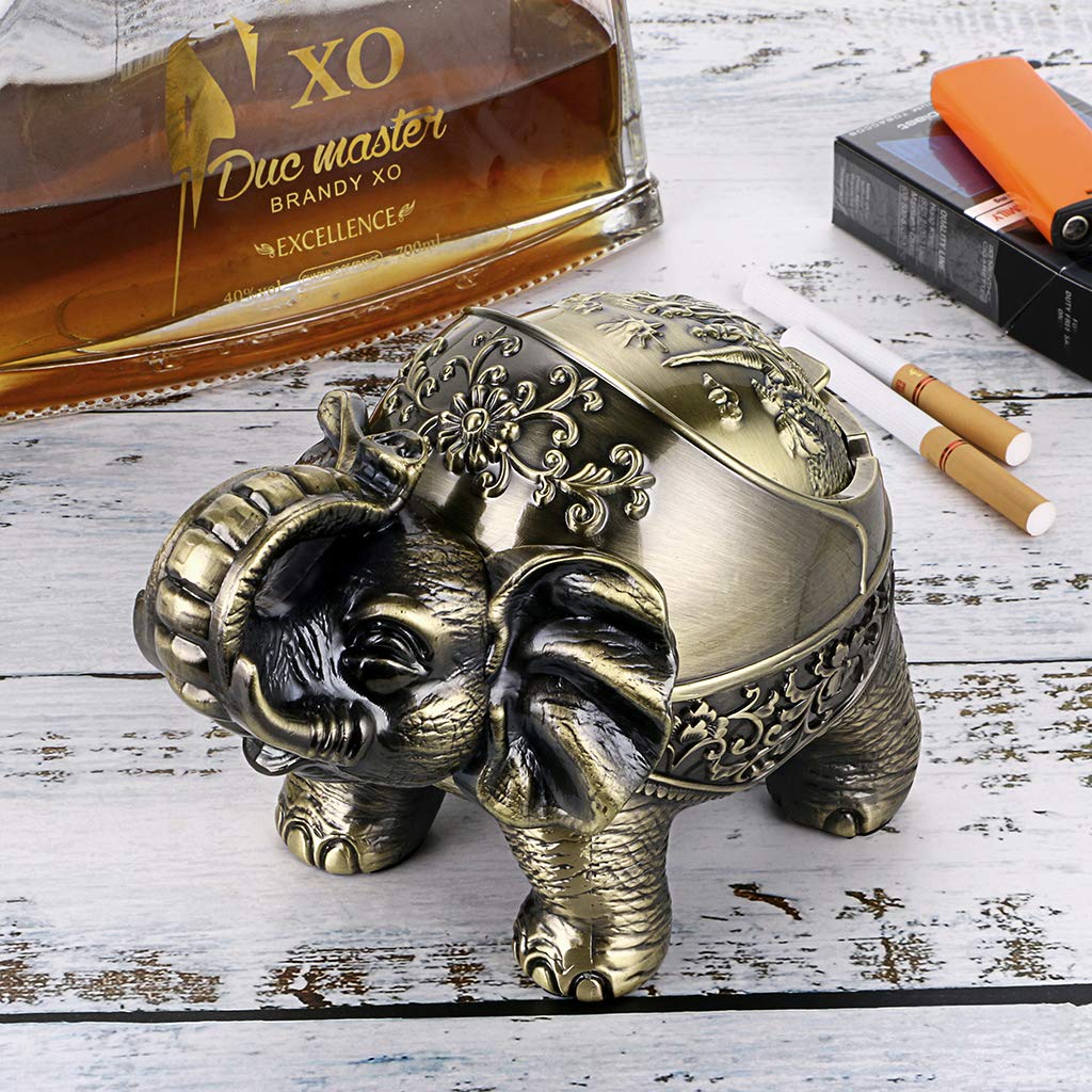 BSTKEY Cendrier coupe-vent vintage avec couvercles en forme d'éléphant rétro Bronze vert