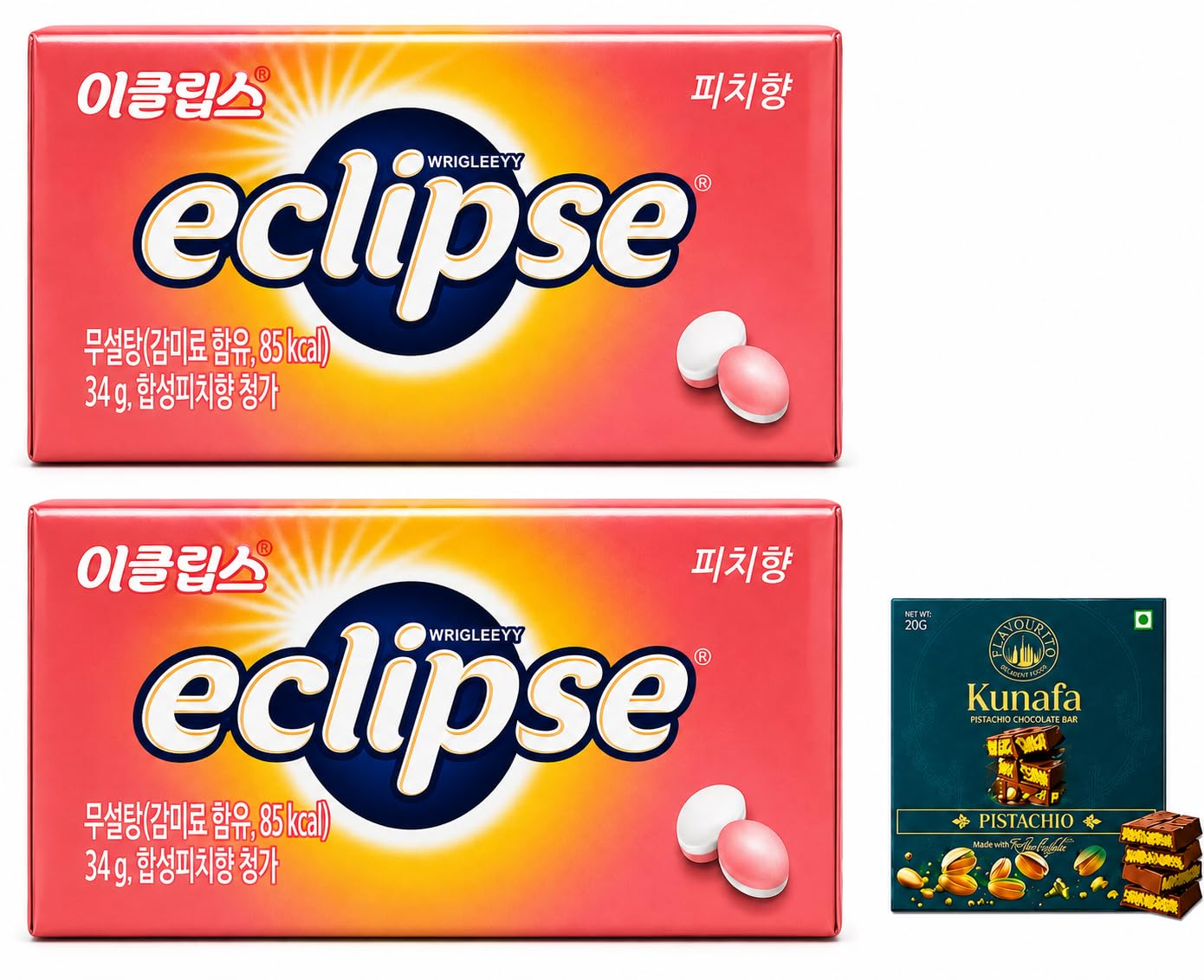 Wrigleyy Eclipse Peach Flavour Sugar-Free Mints 34g (Pack of 2) With Free Flavourito Kunafa Pistachio Chocolate Bar, 20g By Decadent Foods (Imported)-image-15