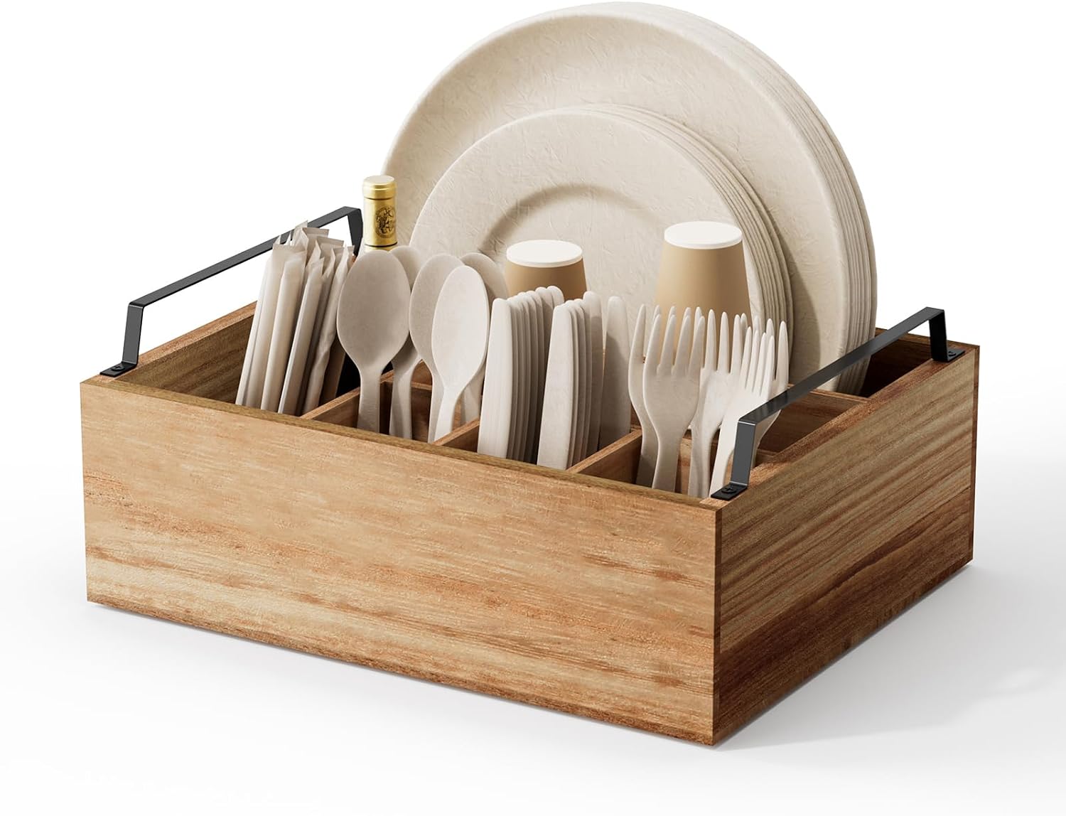 Wooden Utensil Caddy Organizer Paper Plate Holder, Utensil Holder Organizer for Party, Paper Plate Organizer or Cups, Forks, Spoons, Napkins and Silverware Holders
