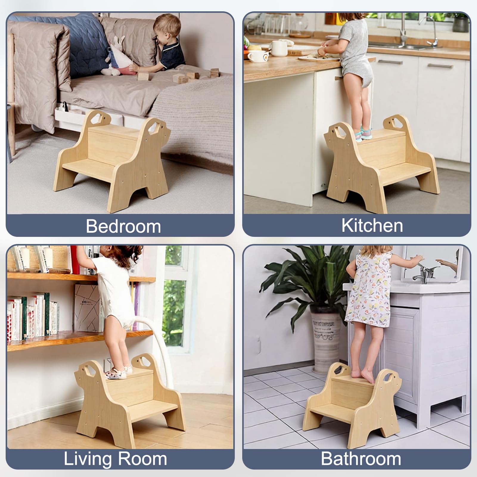 Tritthocker für Kinder - 2-Stufig Hocker Kinderschemel (Holzfarben) | Antirutschmatte und Griff, Multifunktional Tritthocker Holz für Badezimmer, Küche, Kinderzimmer, Kinder, Erwachsene, Senioren