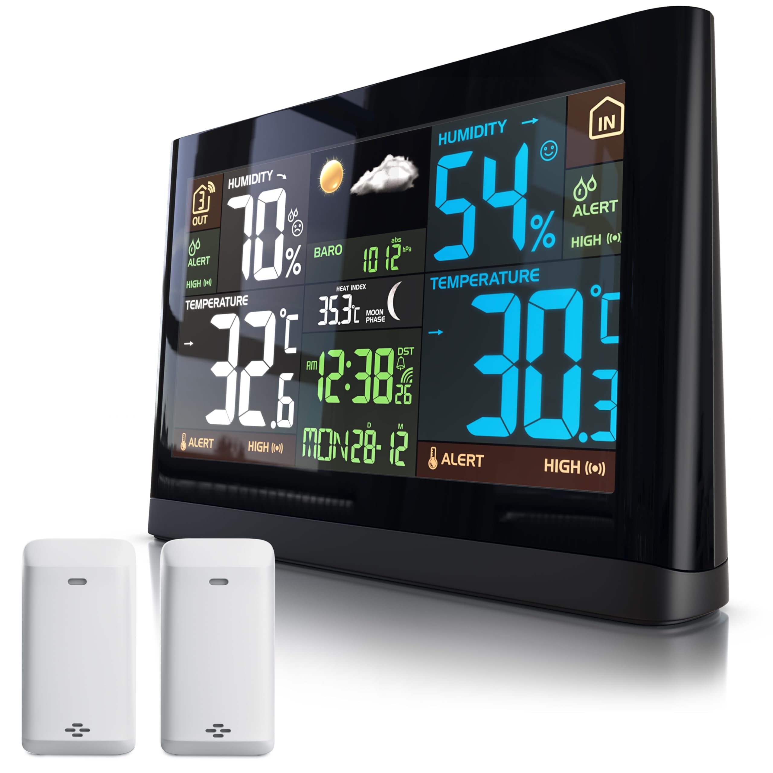 Brandson - Wetterstation Funk mit 2 x Außensensor (2 Zonen) - DCF Empfangssignal Funkuhr - Innen- und Außentemperatur - relativer Luftdruck - Barometer - Temperaturtrend – Lichtsensor - LCD-Display