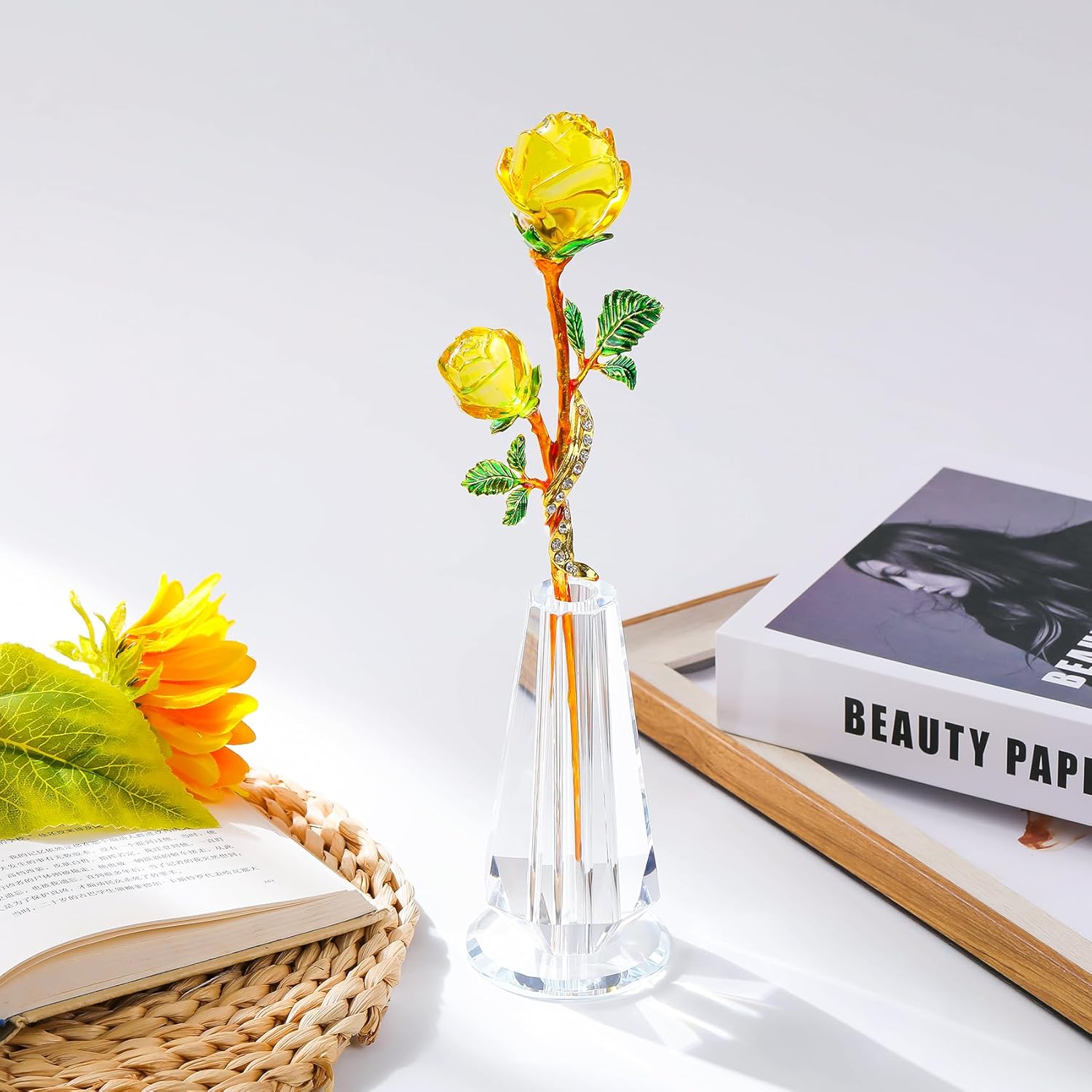 YWHL Handmade Yellow Rose Flower Crystal Figurine with Vase, Bouquet Glass Flowers Ornament Rose Gifts for Women Mom Wife, Crystal Flowers Home Decor for Anniversary Mother's Day Wedding