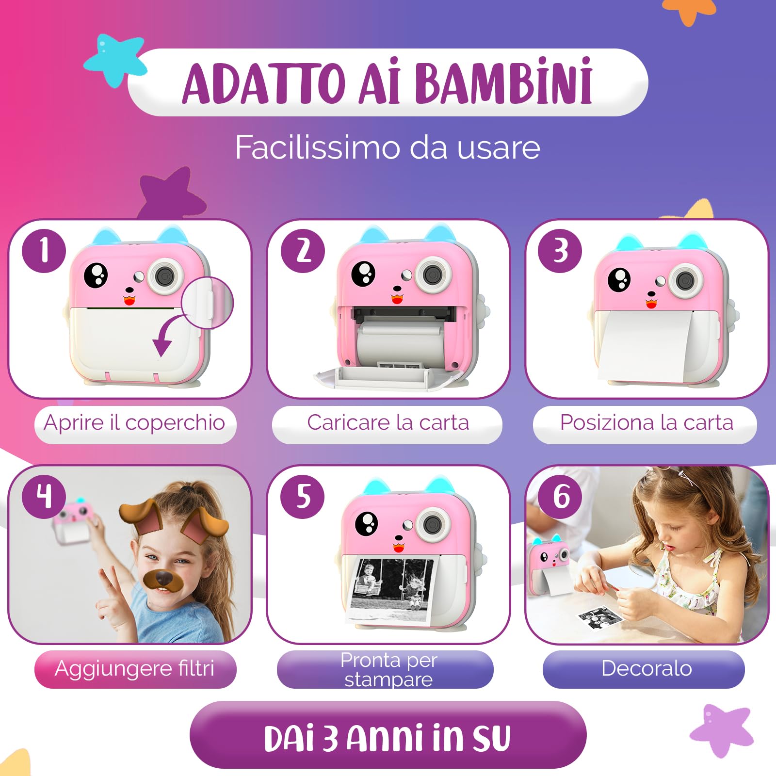 Macchina Fotografica Bambini Istantanea – Doppio Obiettivo 48MP, Video 1080P, Stampa Termica con 4 Rotoli di Carta – App Bluetooth, Scheda da 32GB – Regalo per Bambine & Bambini 3-12 Anni (Rosa)