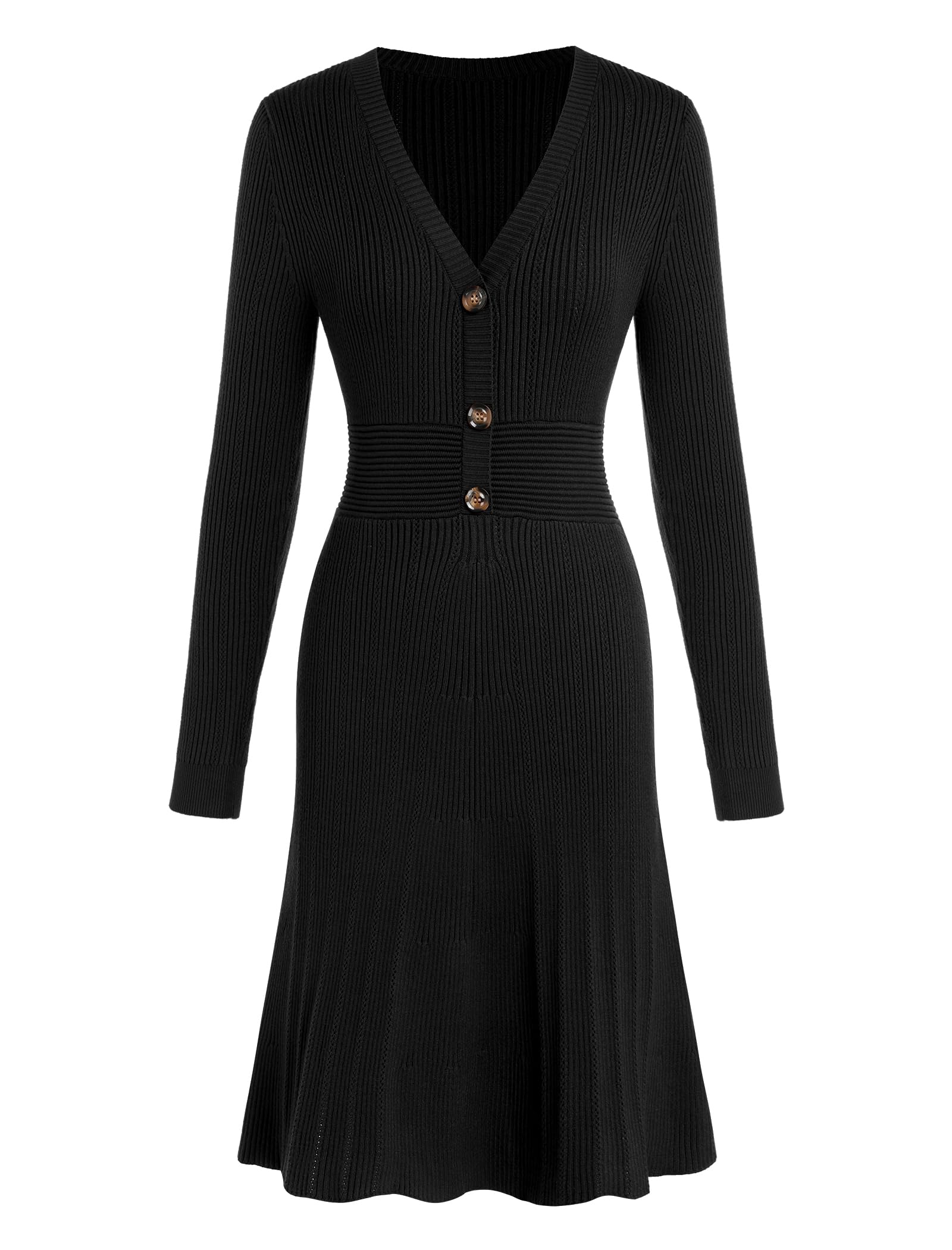 ZAFUL Womens Long Sleeve Midi Sweater Dresses Fall V Neck Ribbed Knit Pleated A-Line Fitted Elegant Work Dress