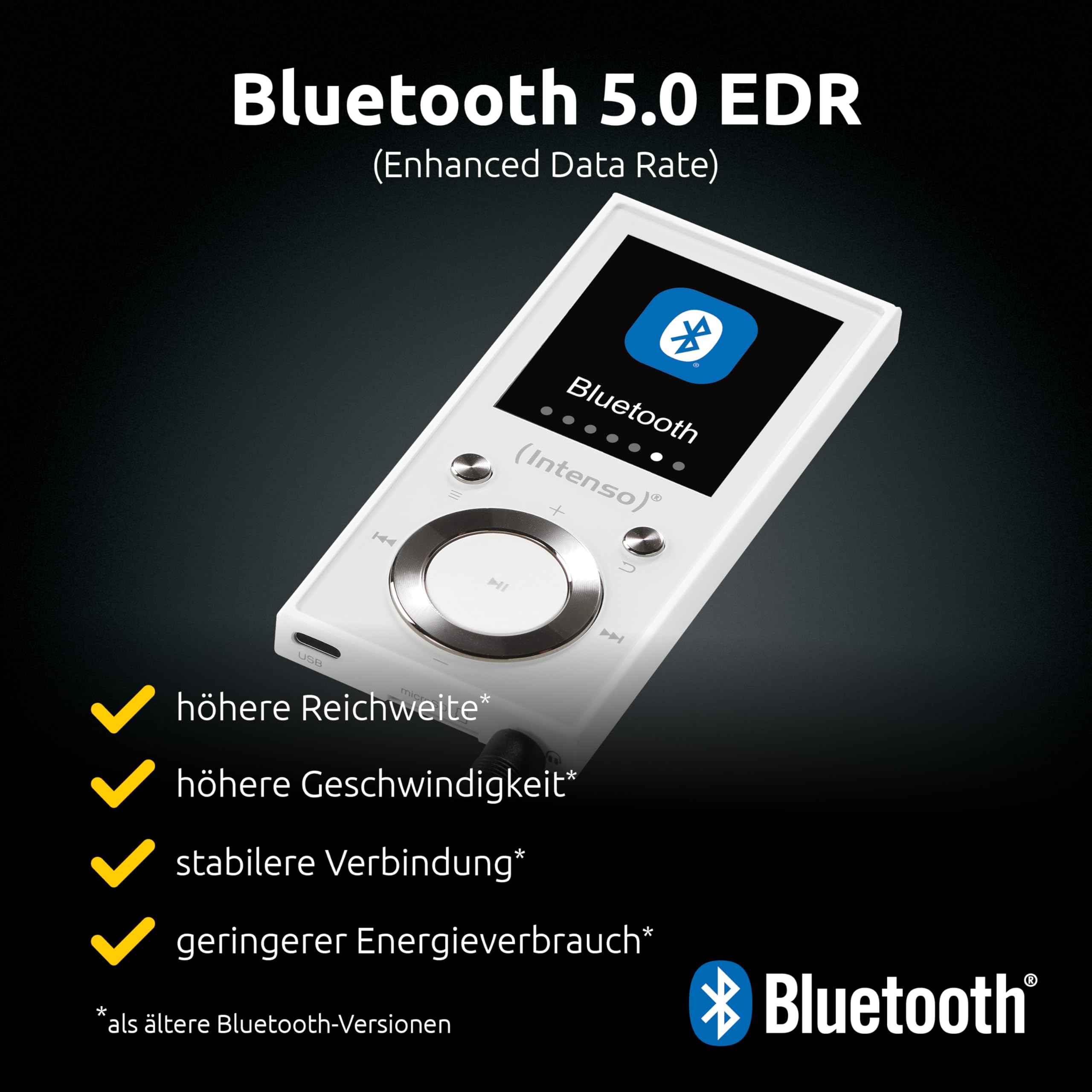 Intenso Video Scooter BT Lecteur MP3 avec Bluetooth 5.0, écran Couleur 1,8", microSD 64 Go, USB-C, Batterie jusqu'à 18 h, Casque Inclus, Blanc