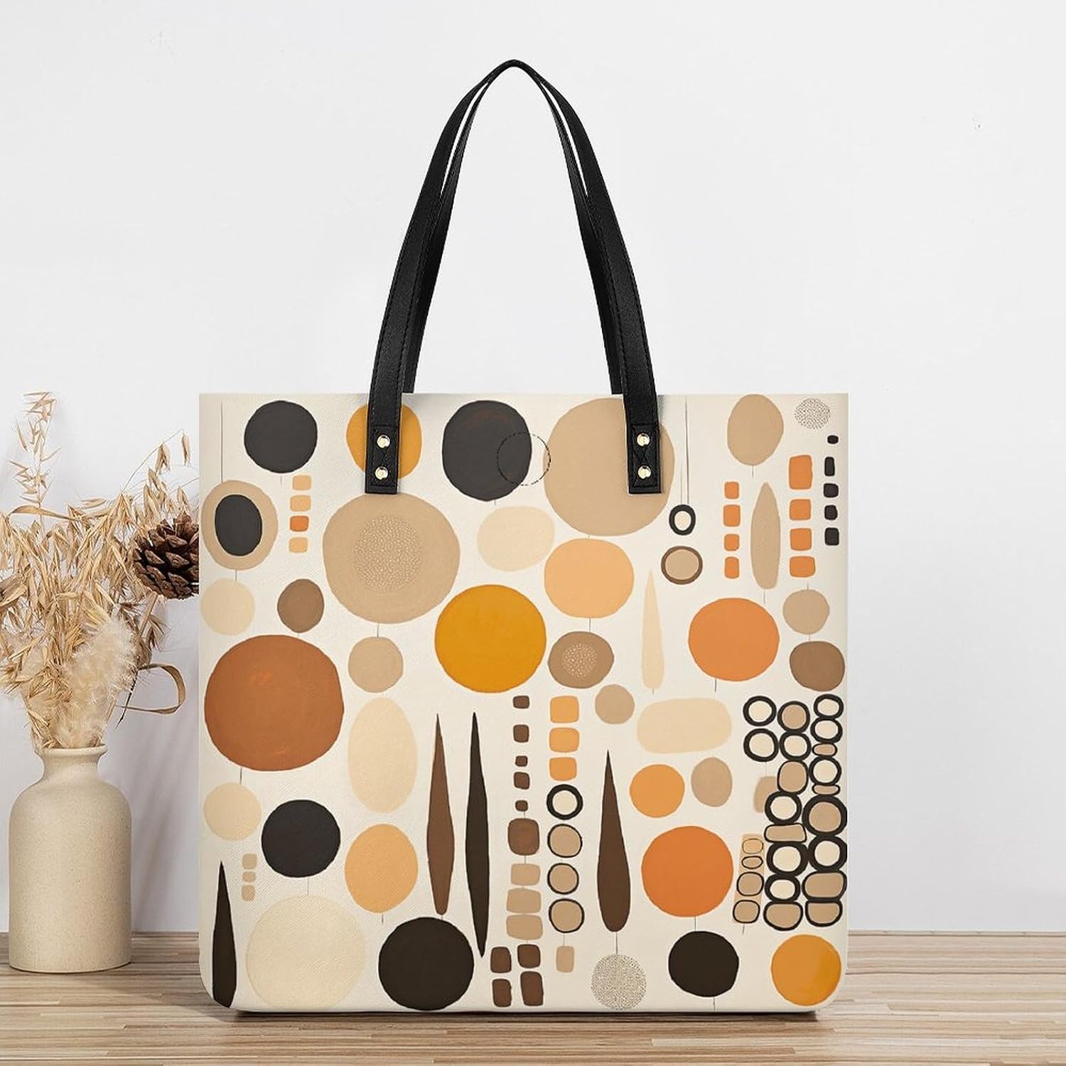 Brown Circle Pattern Handbags Large Capacity, Tote Bag Stylish Slouchy, Shoulder Bags for Work Beach Travel And Shopping Grocery.