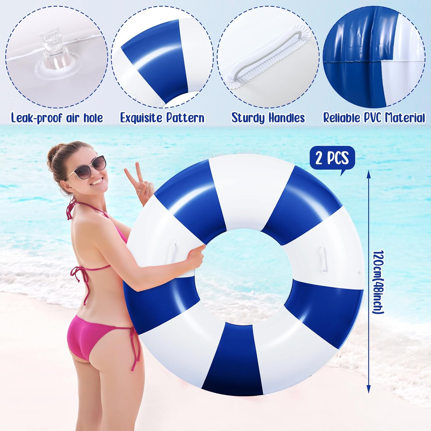 2 Pcs Large Pool Floats Swim Ring with Handles 47.24 Inch Inflatable Swimming Pool Tubes Adult Size for Summer Lounger Beach Party