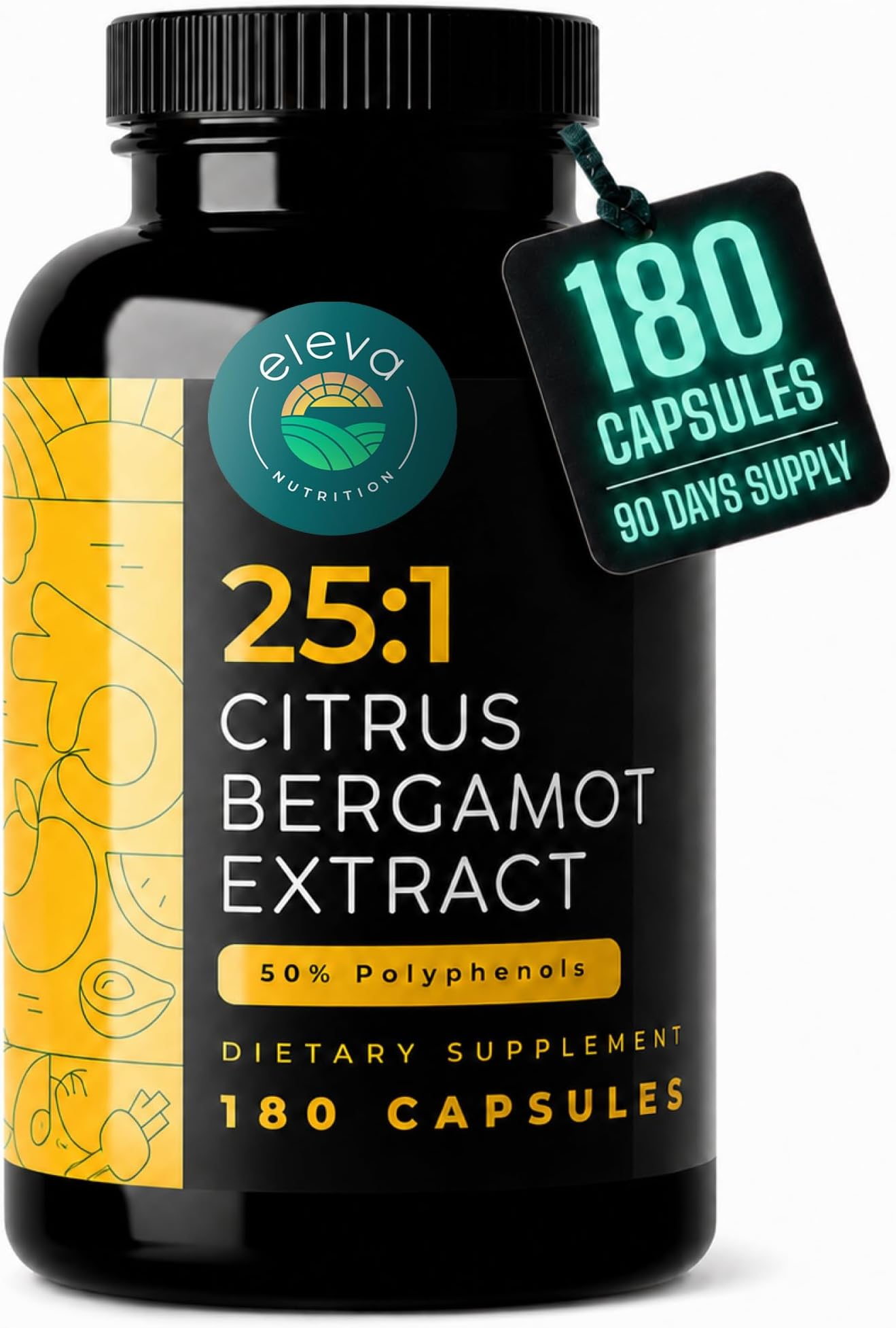 Citrus Bergamot Extract 1000mg Capsules — Natural 25:1 Citrus Bergamot Supplement with 50% Polyphenols and Black Pepper Extract — Natural Formula Vegan and Non-GMO — 180 Capsules