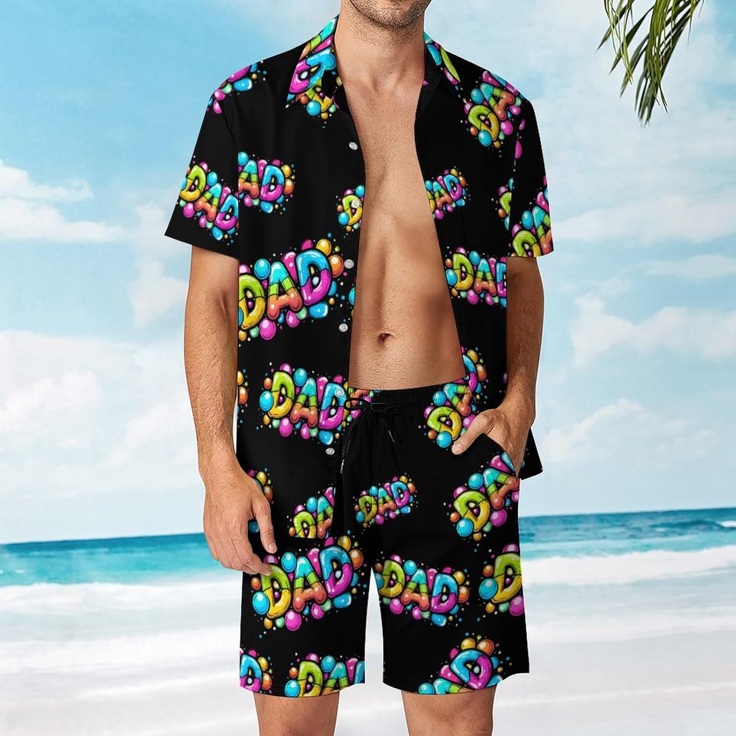 Dad Bubble Theme Men's Summer Beach Outfits Shirt And Shorts Set 2 Piece Vacation Swimwear