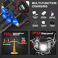 Vista 5 de Faros delanteros recargables para adultos, linterna de cabeza, faro impermeable con sensor de movimiento y función de zoom giratorio, ideal