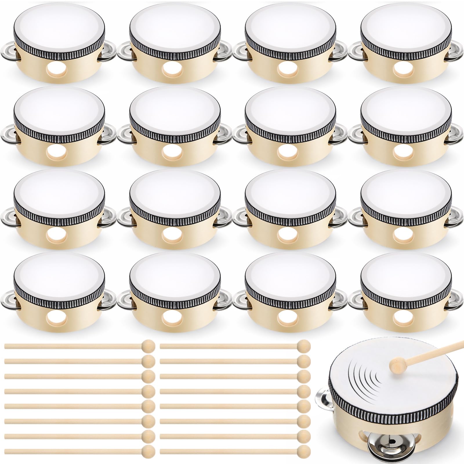 32 panderetas de 4 pulgadas con baquetas, tambor de mano de madera con cascabeles de metal, instrumento musical de percusión para iglesia, boda, fiesta, regalo, instrumento de tambor educativo
