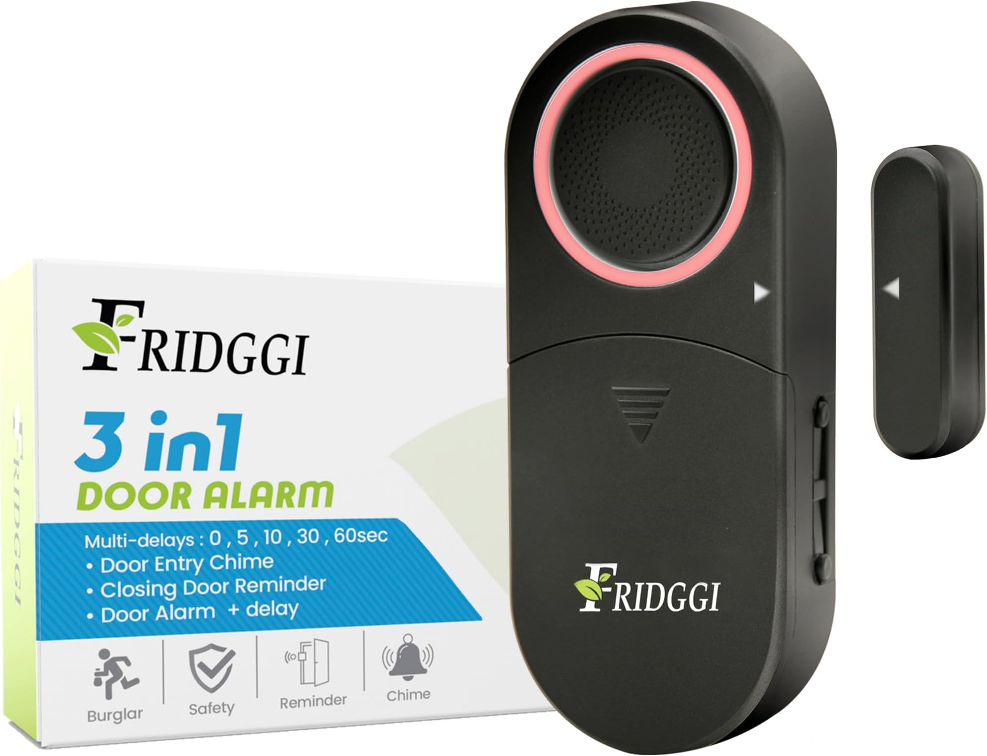 FRIDGGI 3in1 - Door Alarm with Delay, 0/5/10/30/60 Seconds, 2/5 Minutes, Close Door Reminder, 80 to 120 dB, Time Delay Door Chime when left open, for Shop, Home, Office (Black)