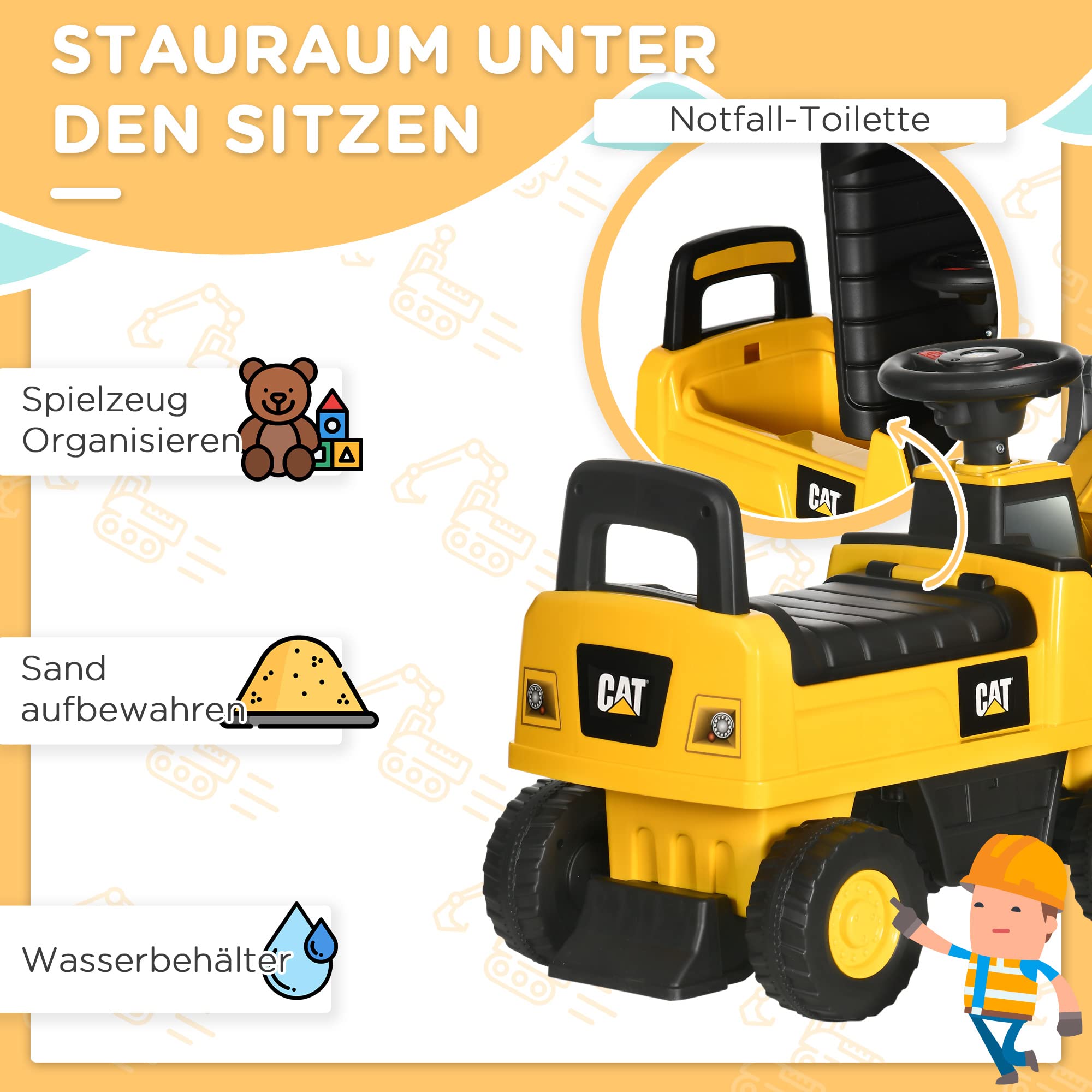 HOMCOM Pelleteuse à siège, Véhicule à Godet, Pelleteuse à siège, Pelleteuse pour Enfants avec klaxon, Espace de Rangement sous Le siège, Voiture à Godet pour Enfants à partir de 18 Mois, Jaune+Noir,