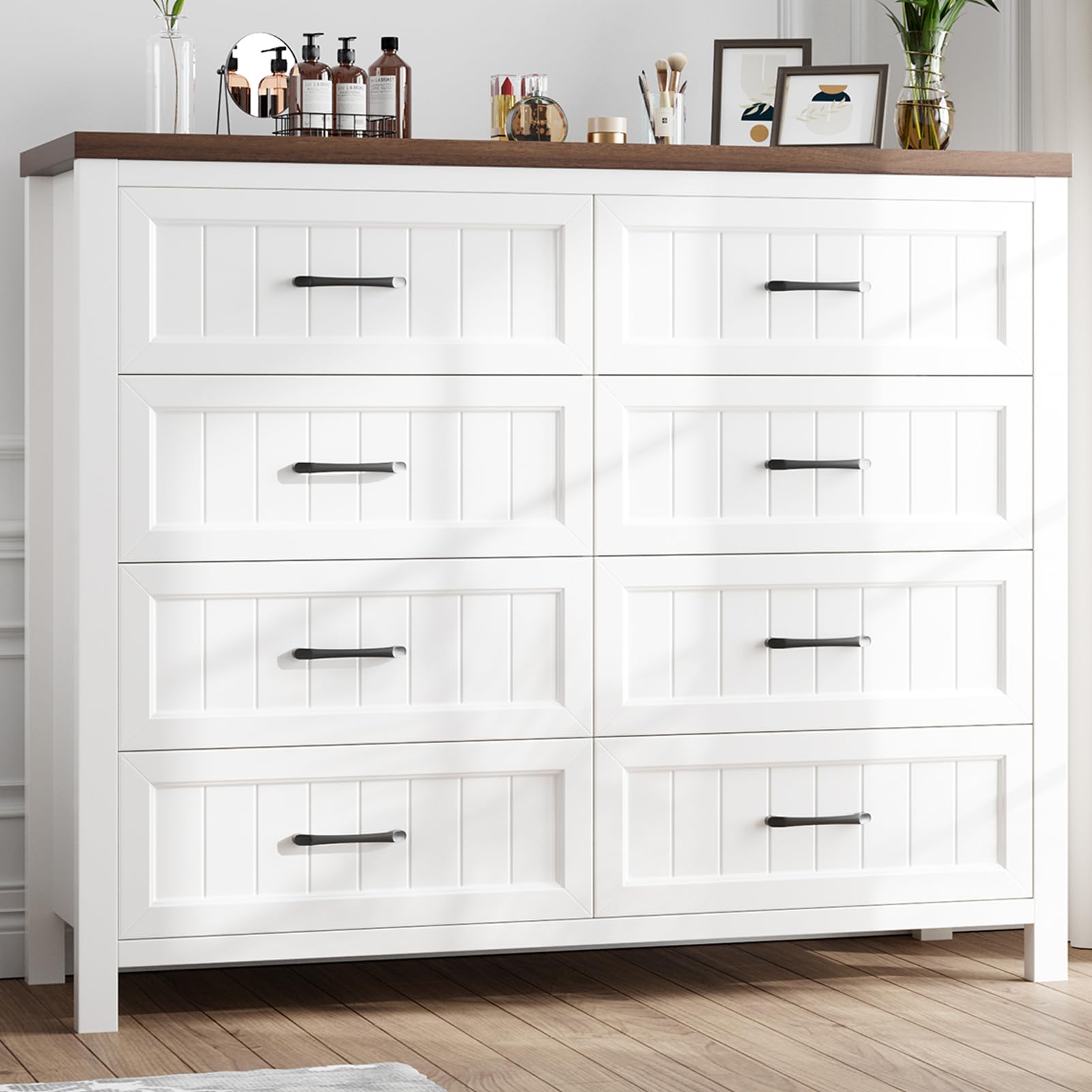 Photo 1 of ***PARTIAL SET/ BOX 2 OF 2*** Jocoevol Farmhouse Dresser 8 Drawer Dresser for Bedroom, Large Wooden Dressers Double Grey Dresser with Deep Drawers Dressers for Hallway, Entryway (White and Brown)