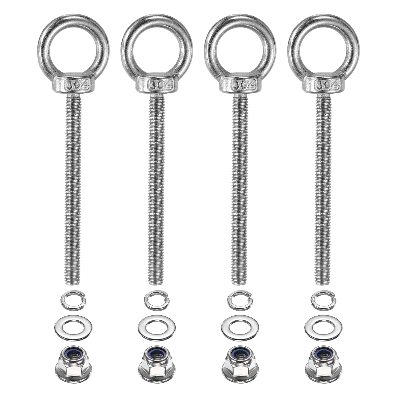 PATIKIL M6 x 70mm Shoulder Eye Bolt, 4 Pcs 304 Stainless Steel Lifting Ring Threaded Eye Bolt with Flange Lock Nuts Spring and Flat Washers for Hanging Tie Down Straps Outdoor Indoor