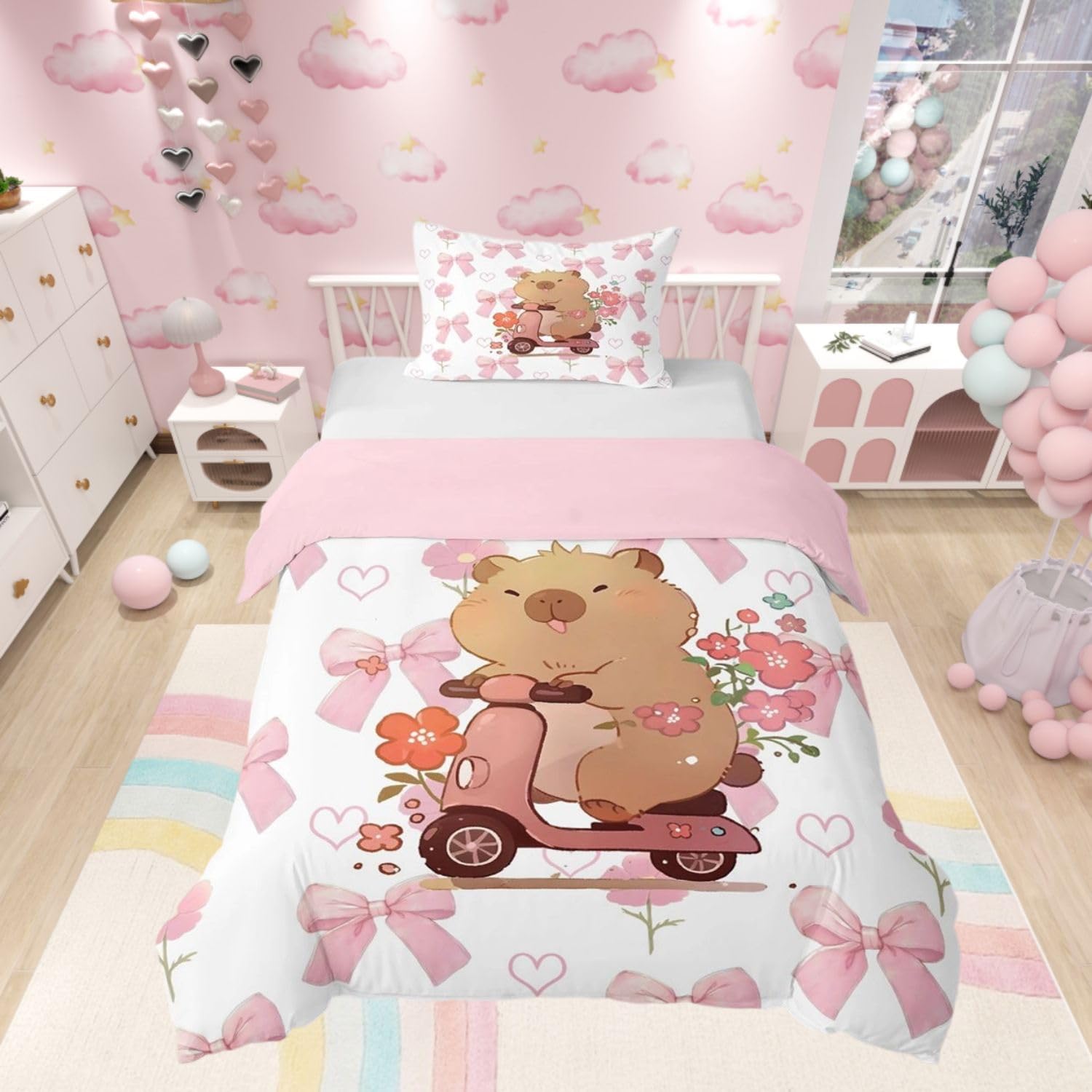Homewish Kids Cute Capybara Duvet Cover Set Girls Pink Bow Bedding Cot - Cartoon Capybara with Scooter Quilt Cover Princess Style Kawaii Bowknot Bed Sets Pink Reversible - 1 Pillowcase